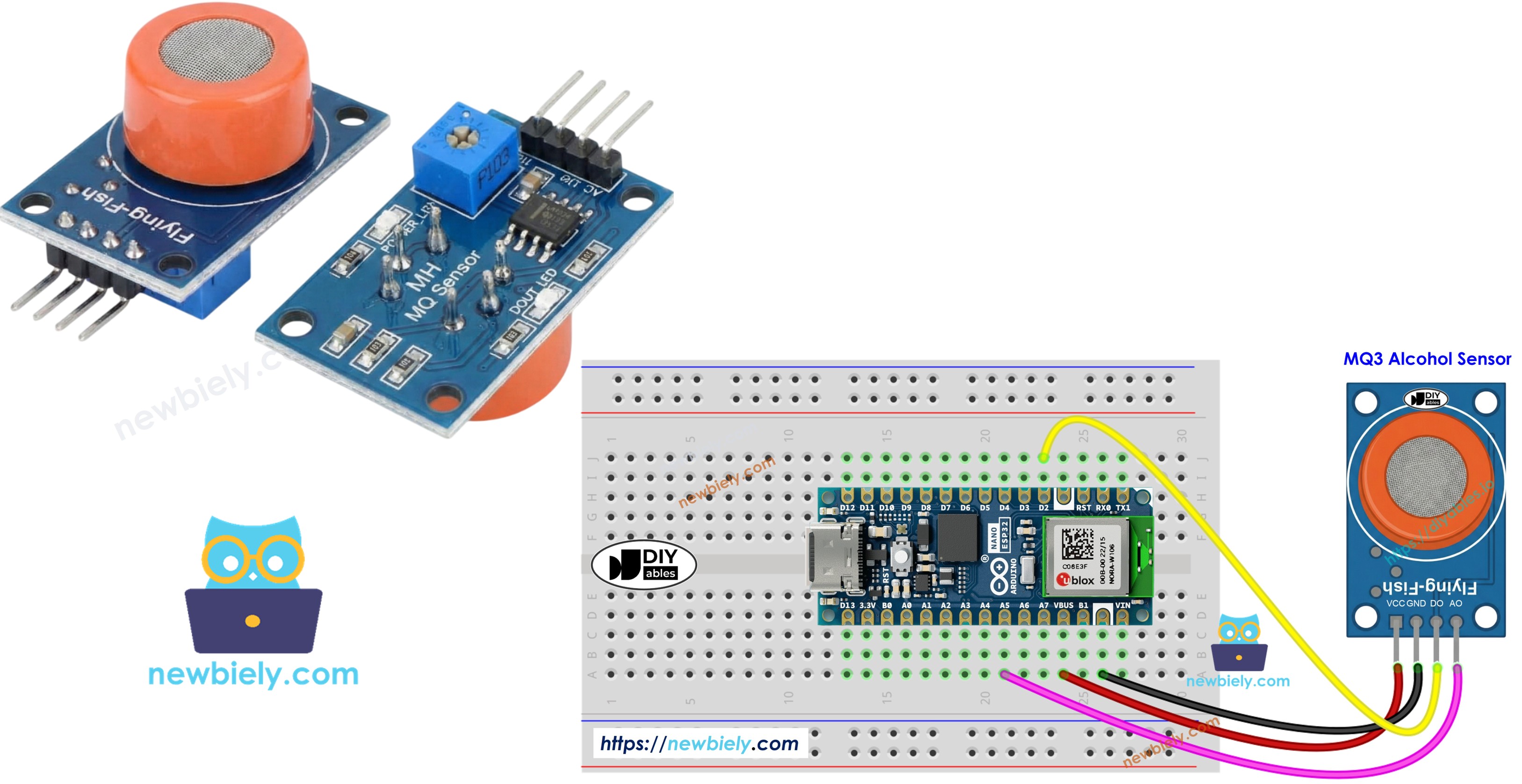 Arduino Nano ESP32 avec module capteur de gaz d'alcool MQ3