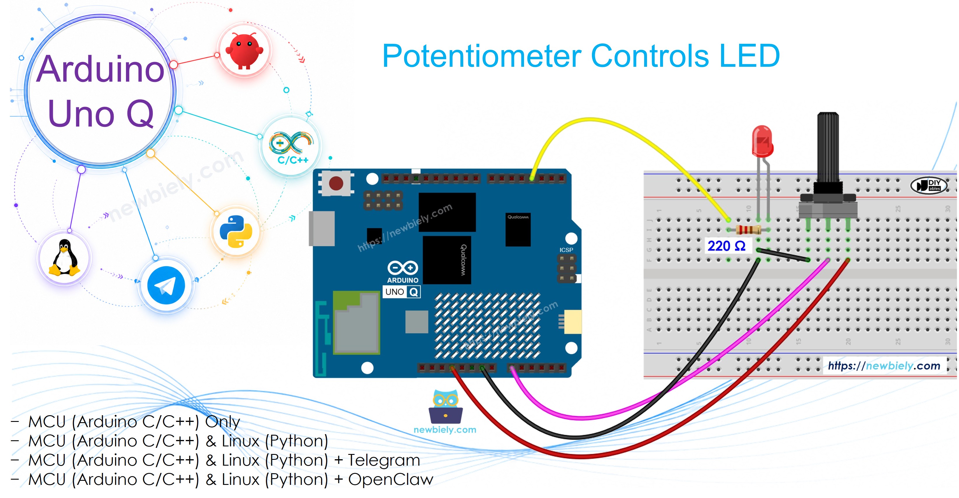 Arduino UNO Q - Le Potentiomètre Contrôle la Luminosité d'une LED