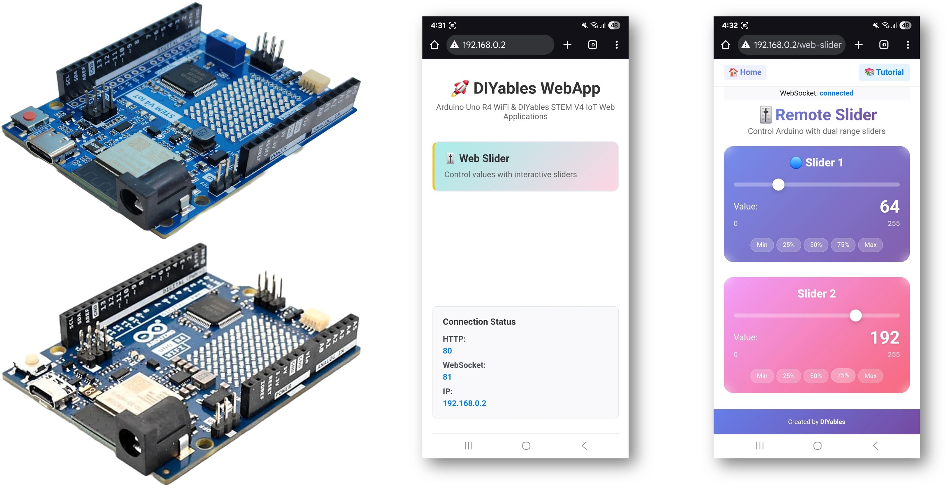 Exemple de WebSlider Arduino - Tutoriel sur l'interface de contrôle à deux curseurs