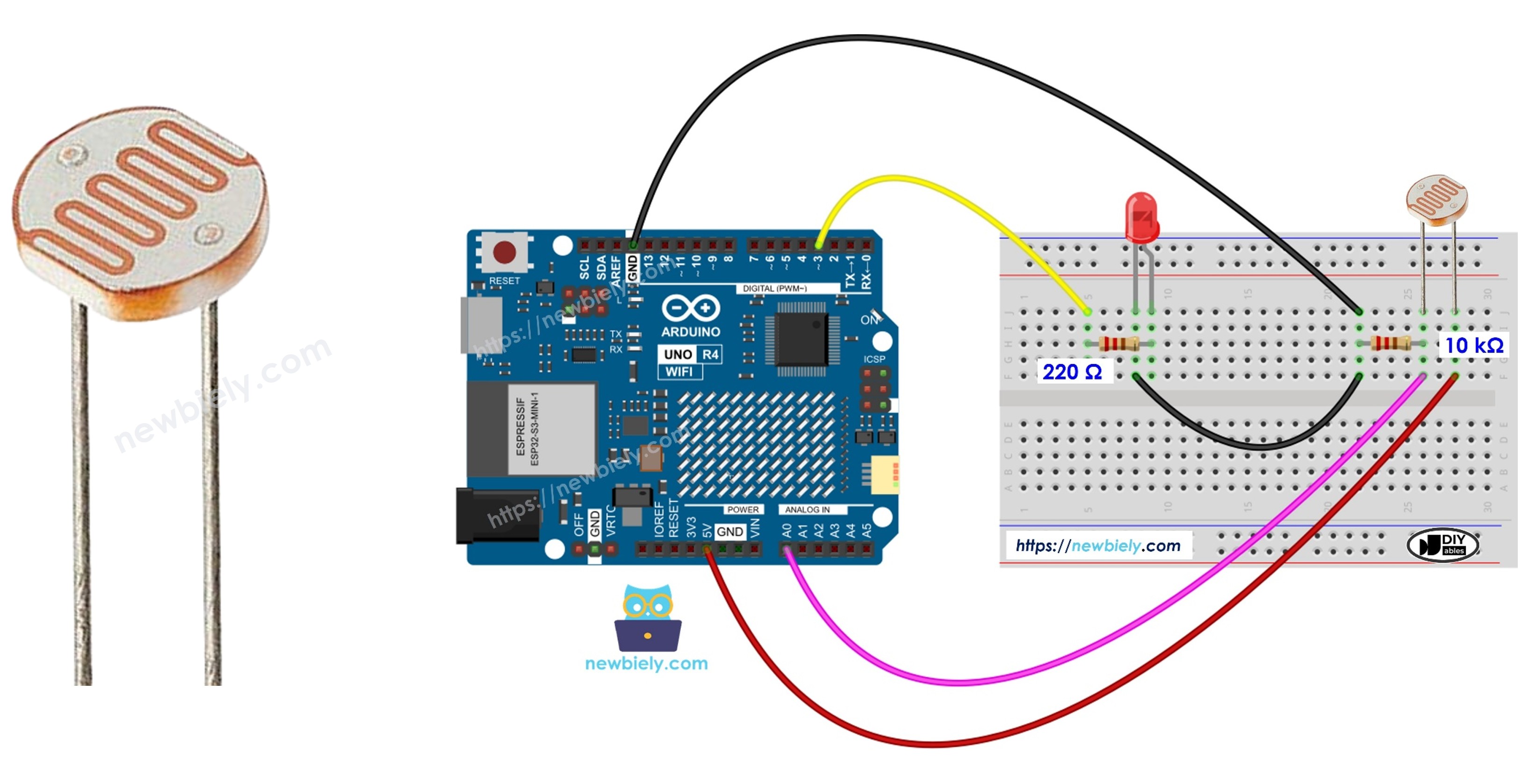 Le capteur de lumière Arduino UNO R4 contrôle la LED