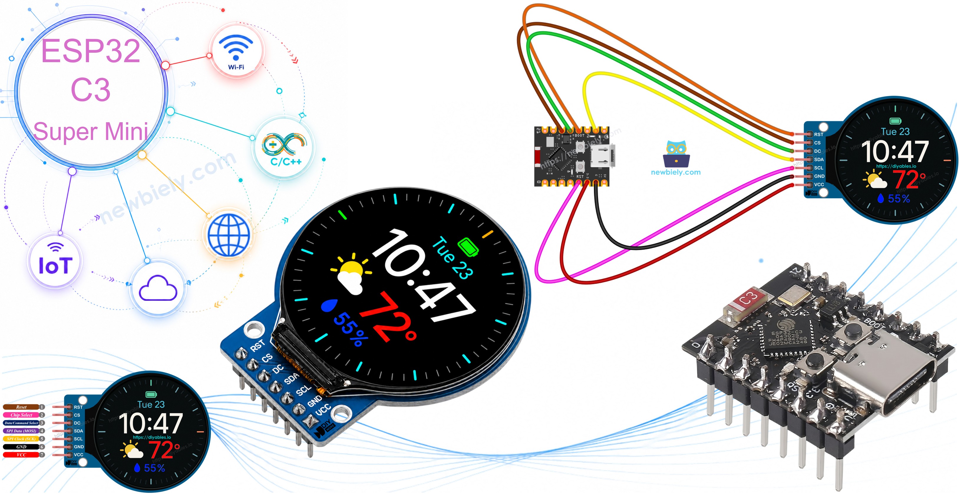 ESP32 C3 Super Mini Affichage TFT LCD Circulaire Rond 1.28 Pouces