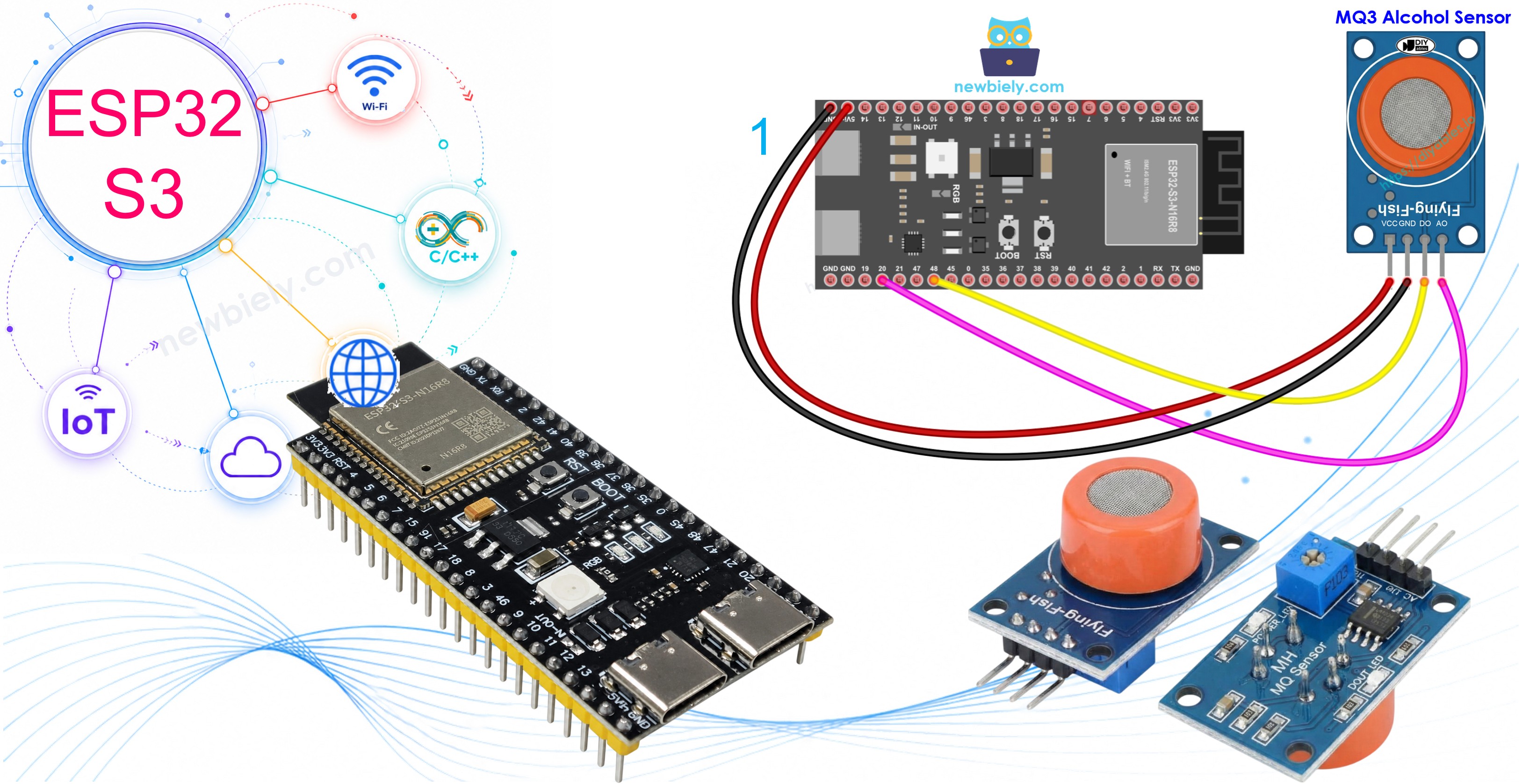 ESP32 S3 avec module capteur de gaz d'alcool MQ3