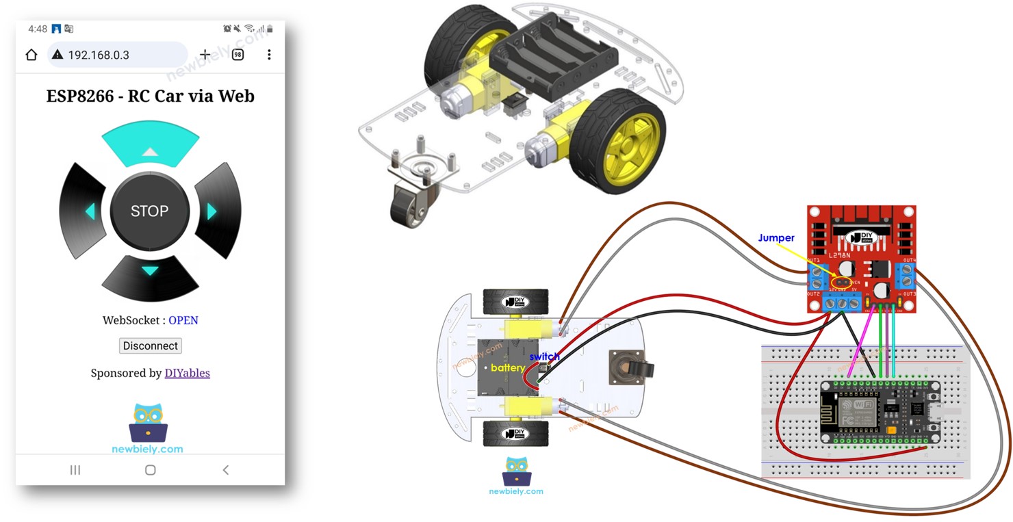 ESP8266 NodeMCU contrôle la voiture robot via le Web.