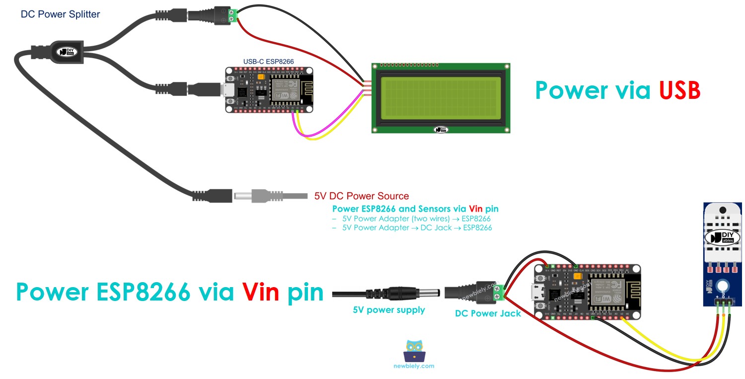 comment alimenter ESP8266 NodeMCU et capteurs