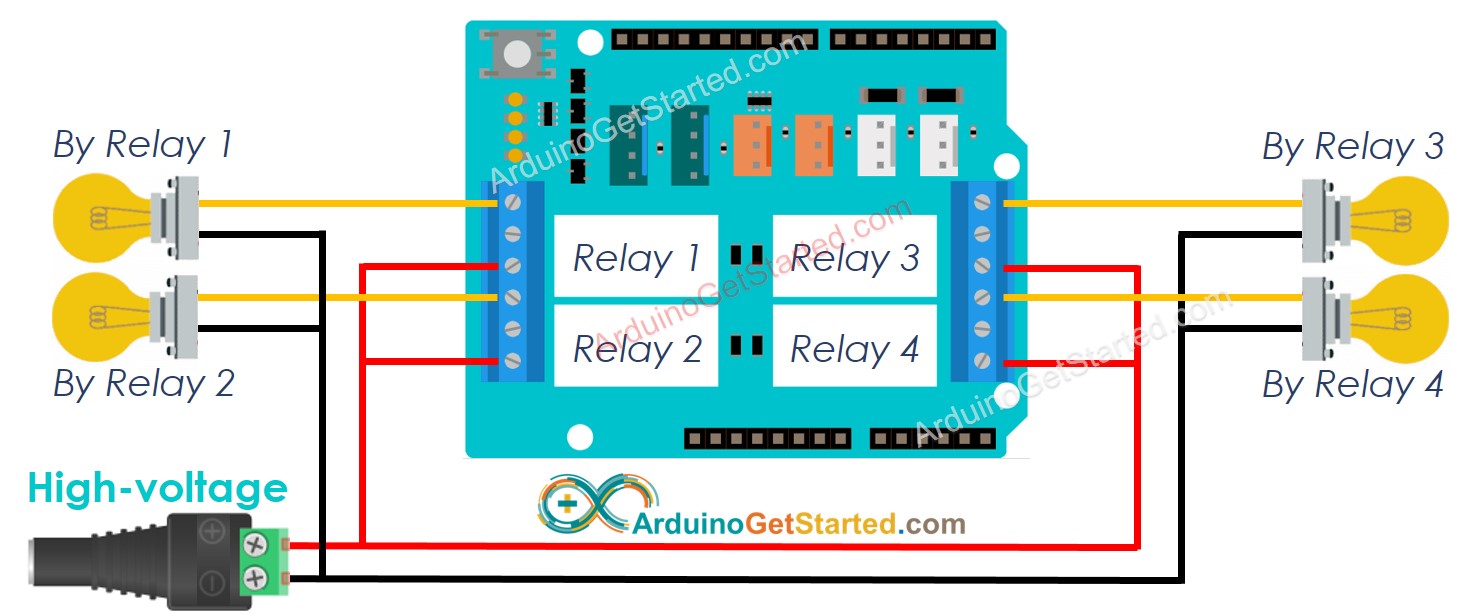 Schéma de câblage du shield relais Arduino