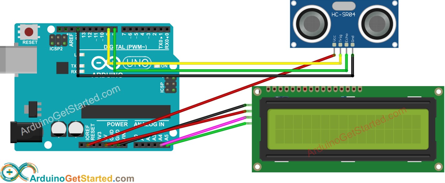 Schéma de câblage d'un capteur ultrasonique Arduino avec écran LCD