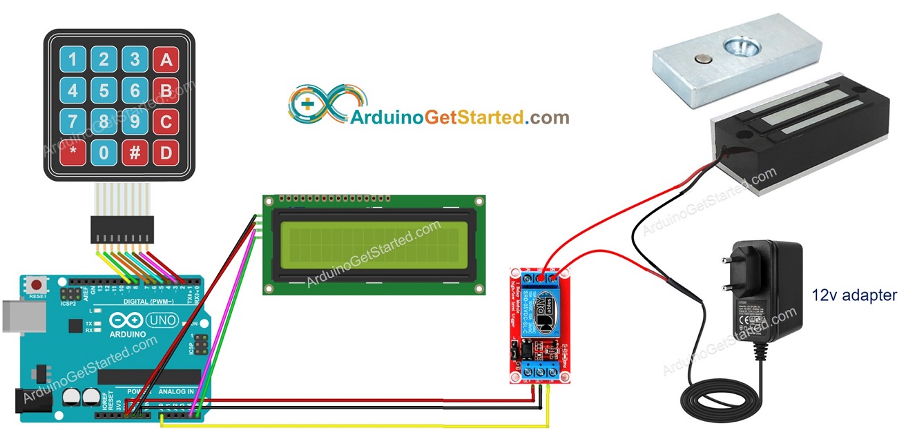 Schéma de câblage d'un système de verrouillage de porte Arduino avec écran LCD