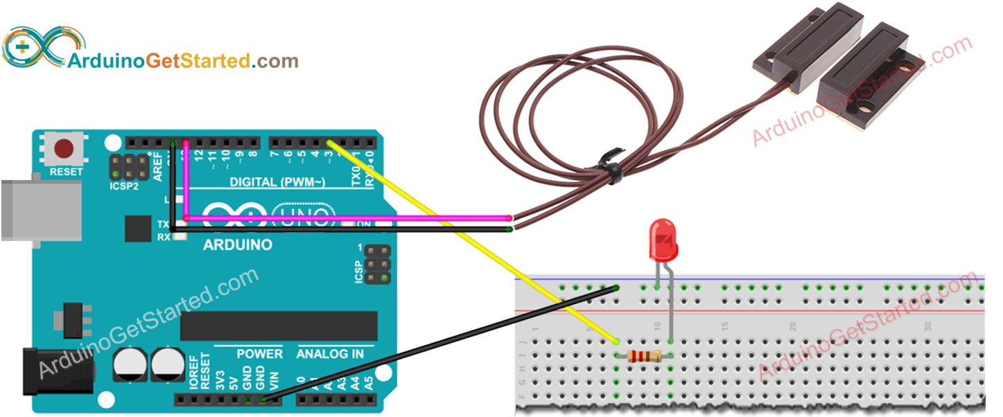 Schéma de câblage de LED de capteur de porte Arduino
