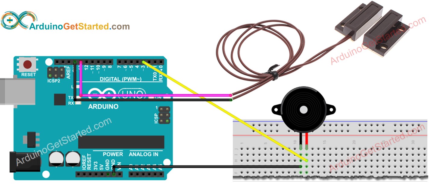 Schéma de câblage du capteur de porte Arduino avec buzzer piézo