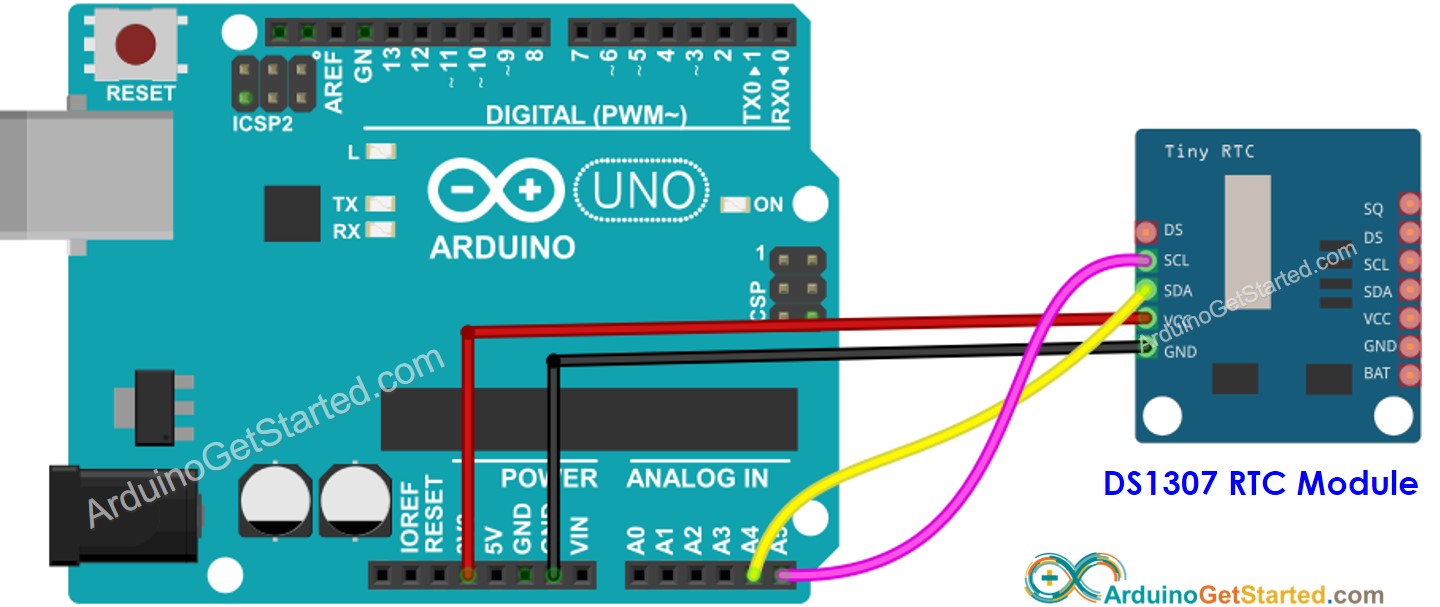 Schéma de câblage de l'horloge temps réel DS1307 Arduino