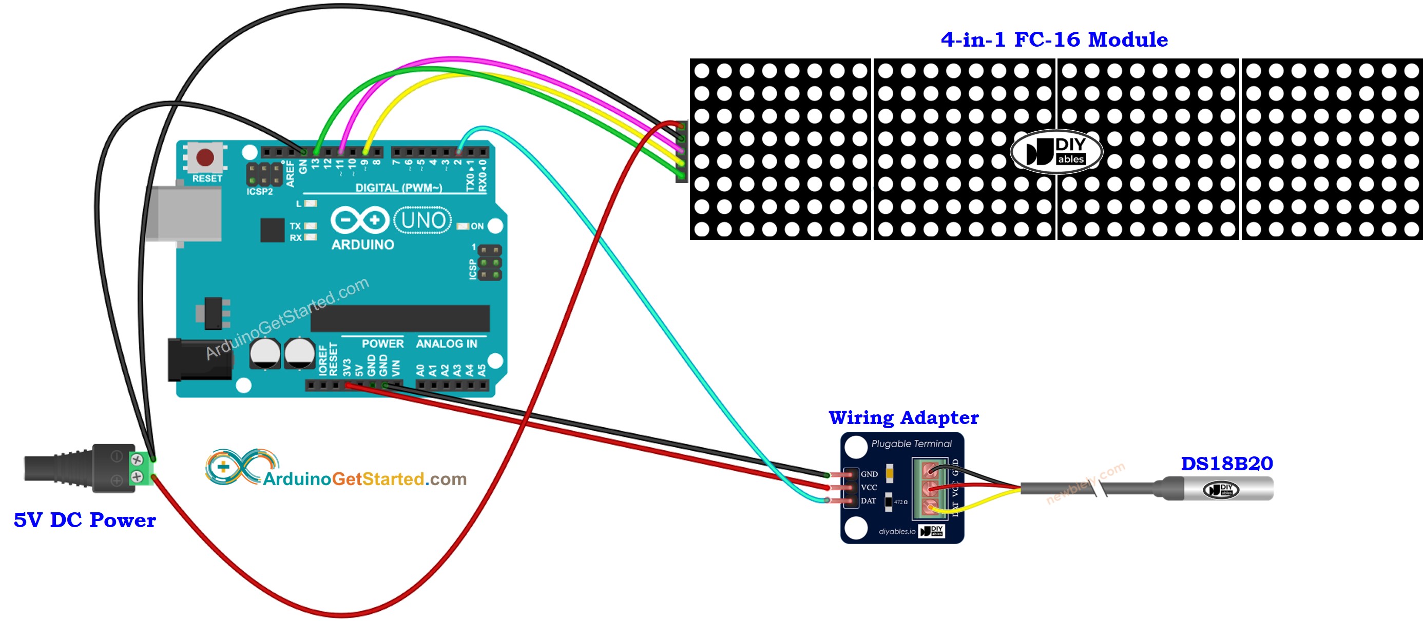 Schéma de câblage du capteur de température Arduino DS18B20 avec matrice LED