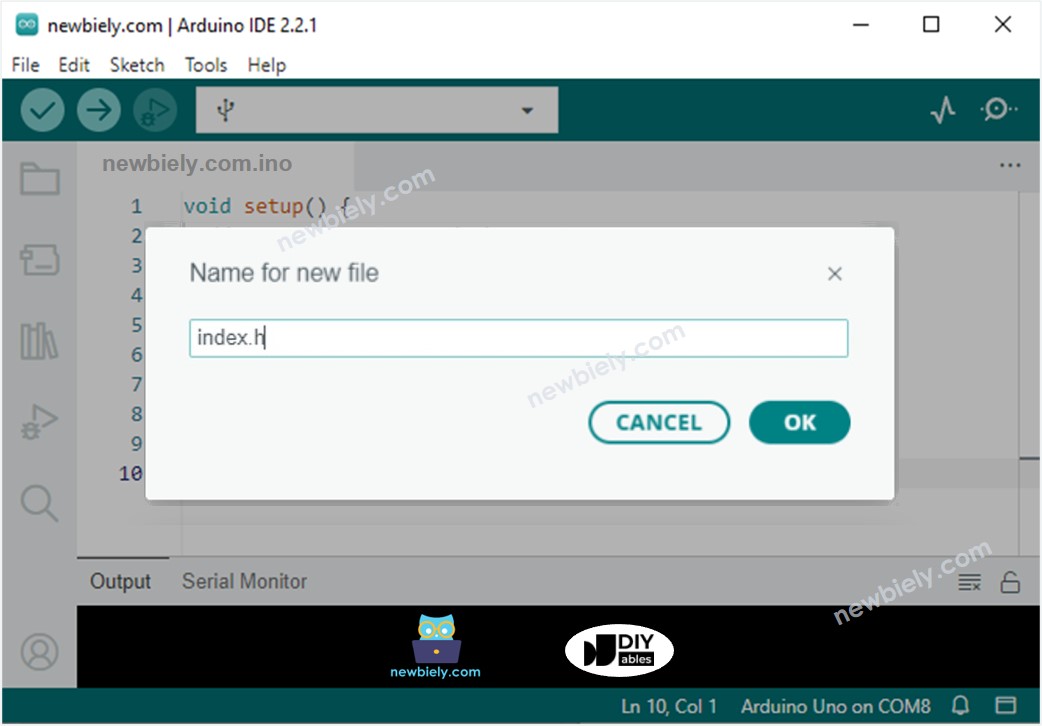 Arduino IDE 2 ajoute le fichier index.h