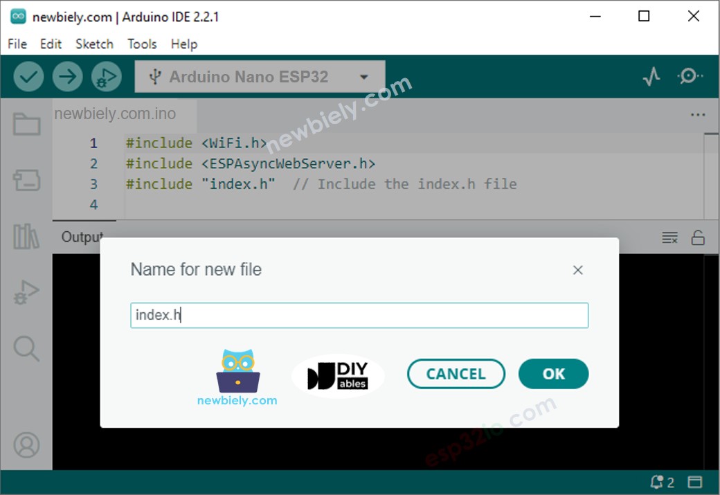 Arduino IDE 2 ajoute le fichier index.h