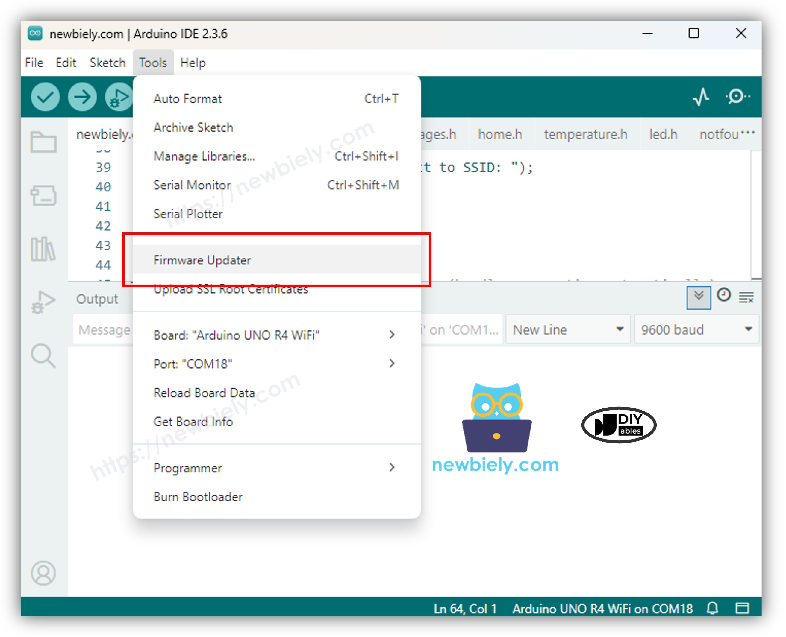 Outil de mise à jour du firmware de l'IDE Arduino