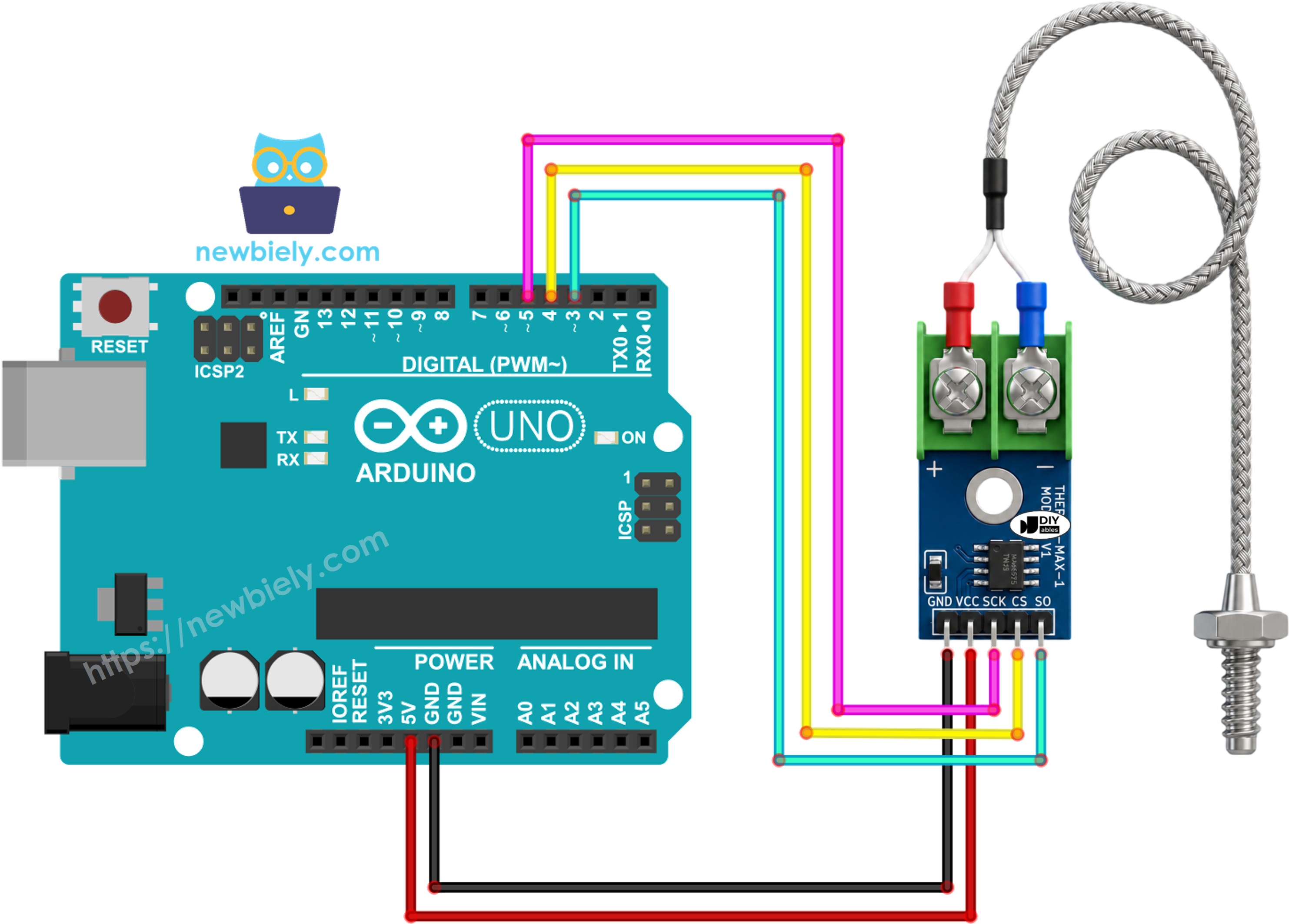 Schéma de câblage Arduino module thermocouple MAX6675
