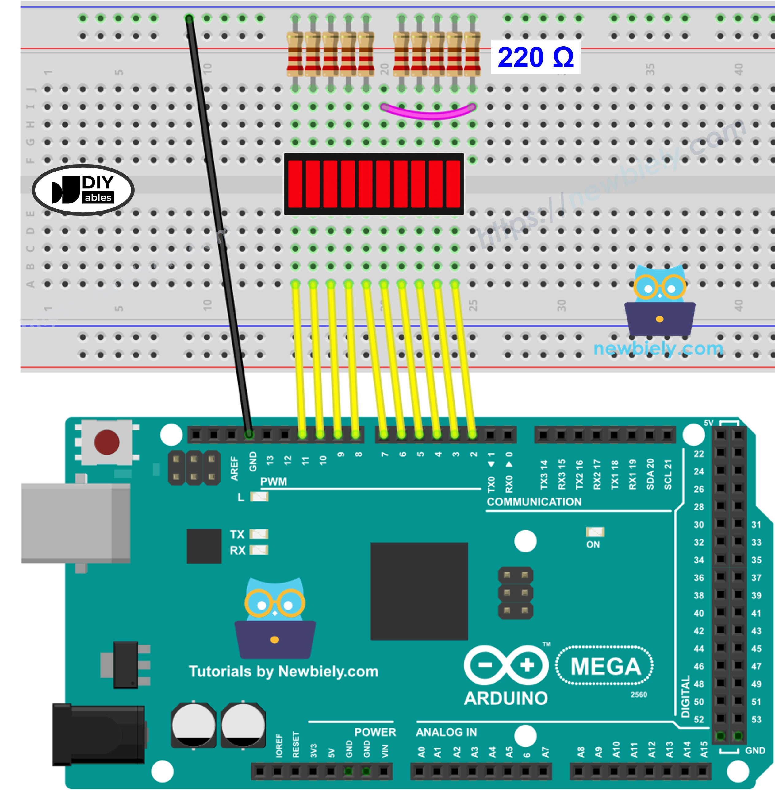 Schéma de câblage Arduino Mega et bargraphe LED à 10 segments