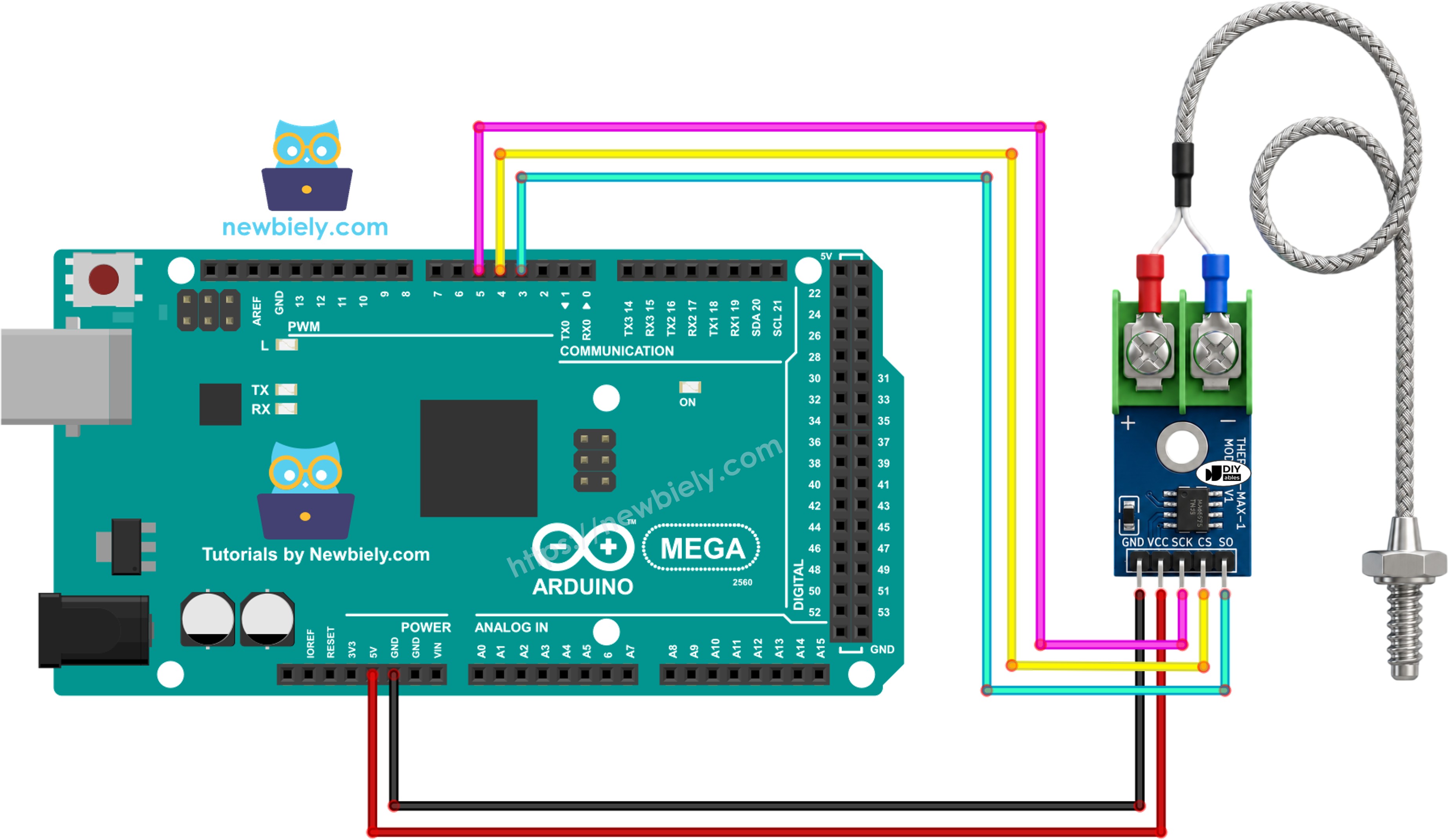 Schéma de câblage Arduino Mega module thermocouple MAX6675