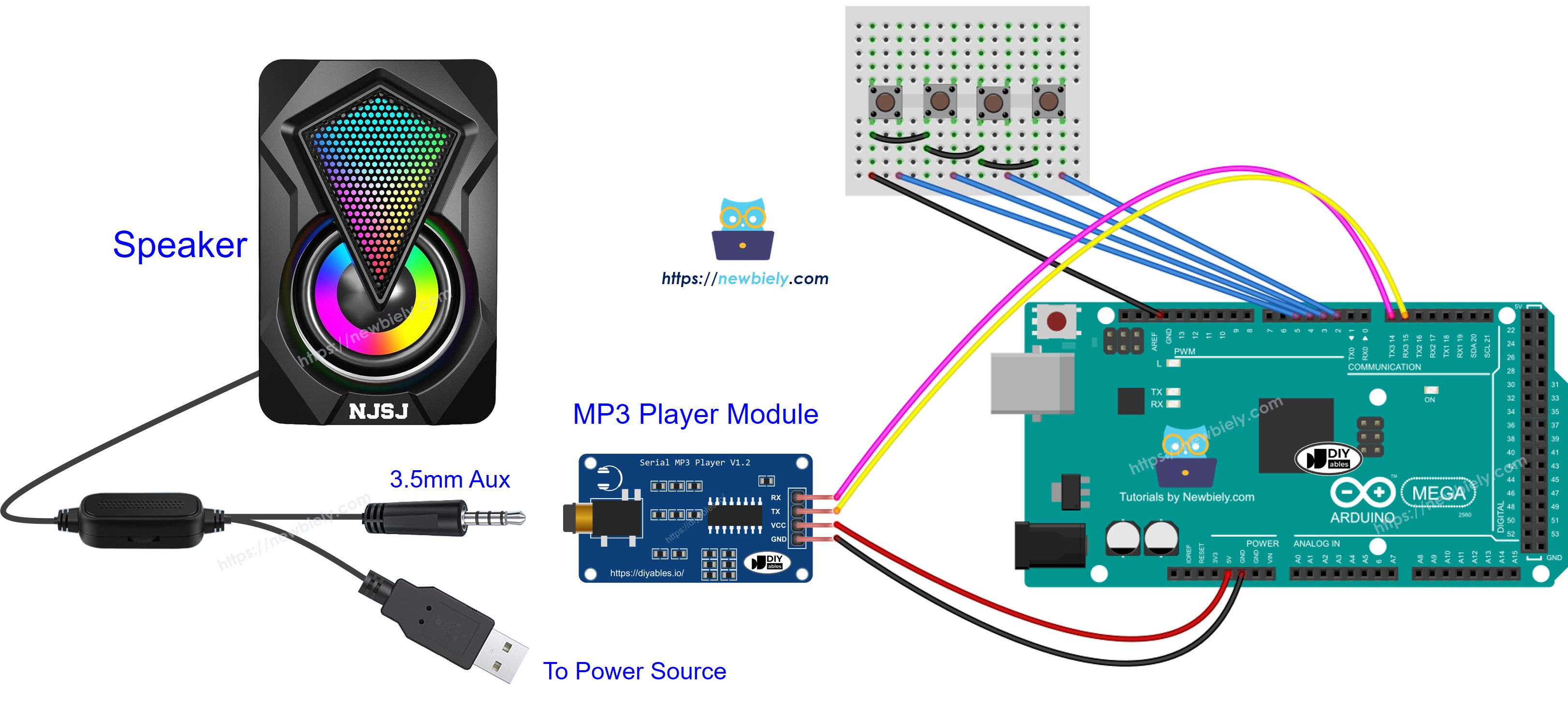 Schéma de câblage haut-parleur lecteur MP3 Arduino Mega
