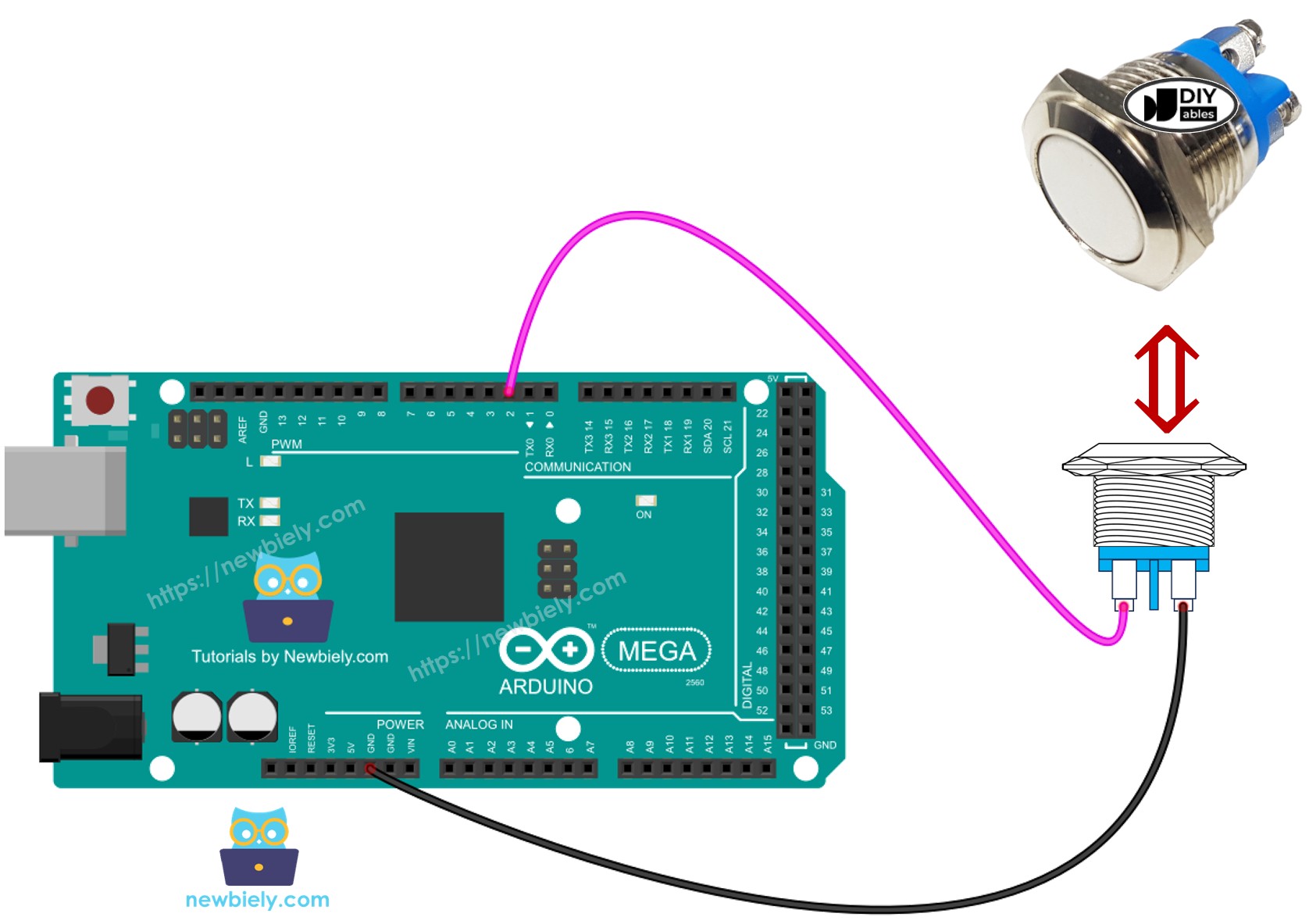 Arduino Mega two-pin push button Wiring Diagram