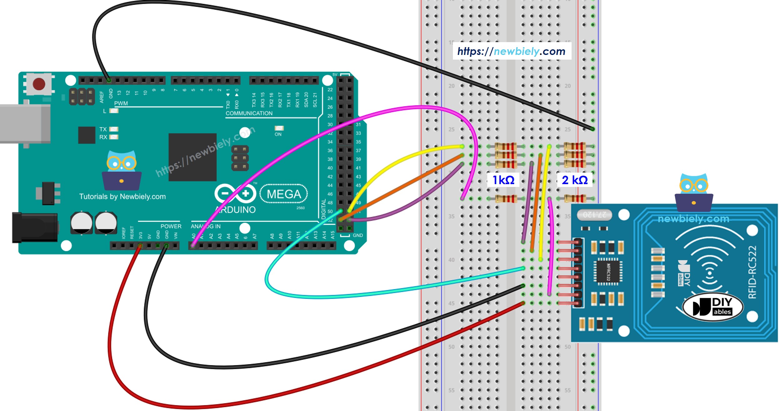 Schéma de câblage Arduino Mega RFID RC522 avec régulation de tension