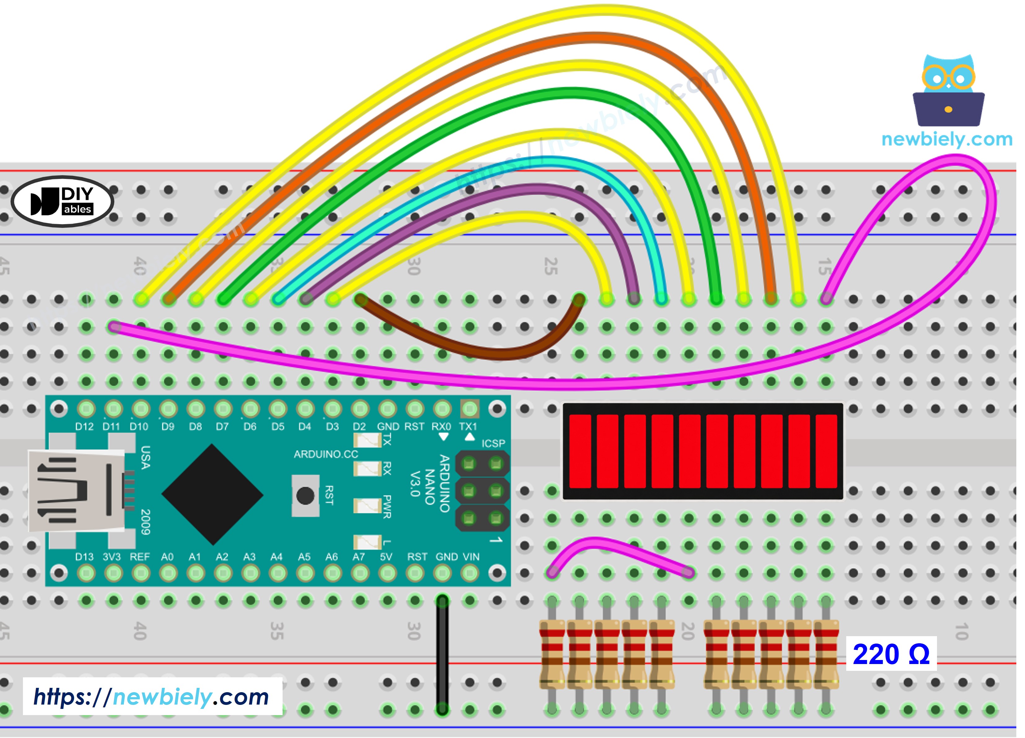Schéma de câblage Arduino Nano et bargraphe LED à 10 segments