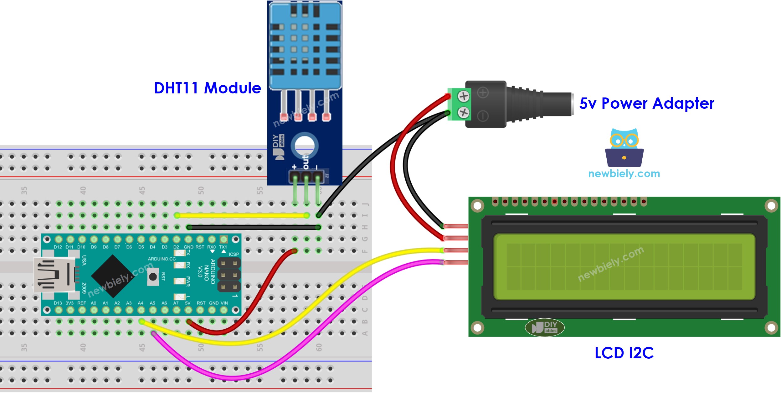 Schéma de câblage Arduino Nano DHT11 température humidité LCD alimentation externe