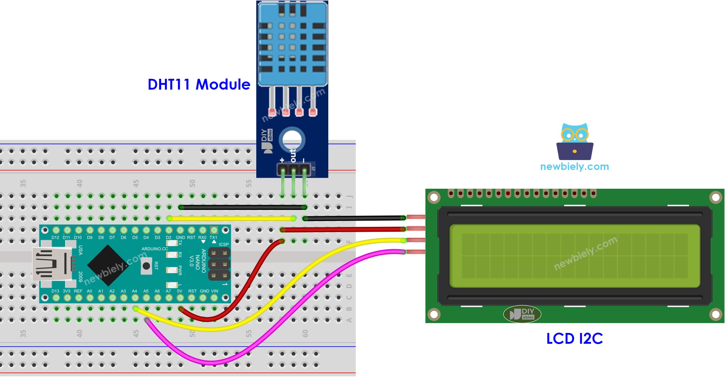 Schéma de câblage Arduino Nano DHT11 température et humidité LCD