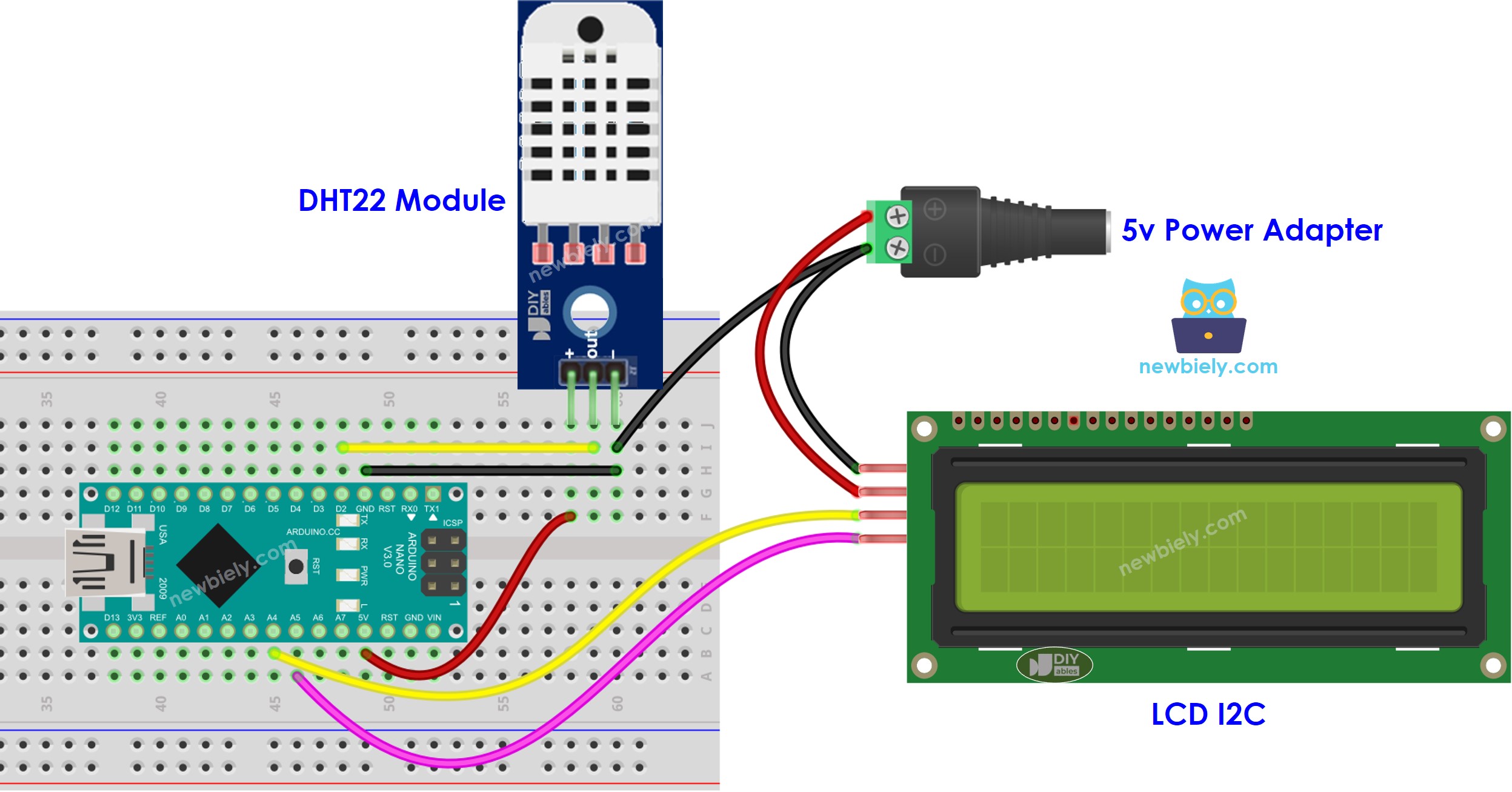 Schéma de câblage Arduino Nano DHT22 température humidité LCD alimentation externe