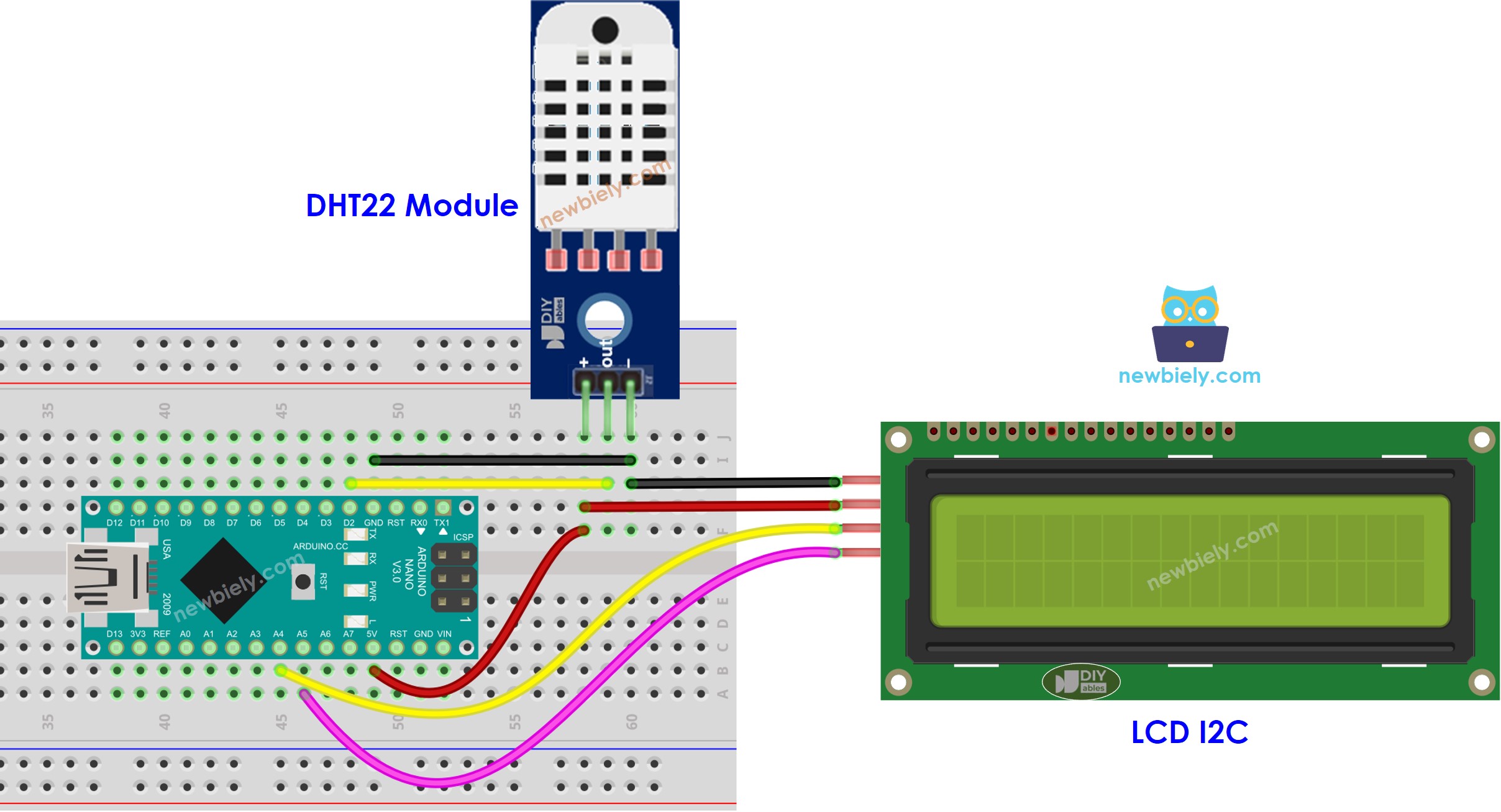 Schéma de câblage LCD de température et d'humidité DHT22 pour Arduino Nano.