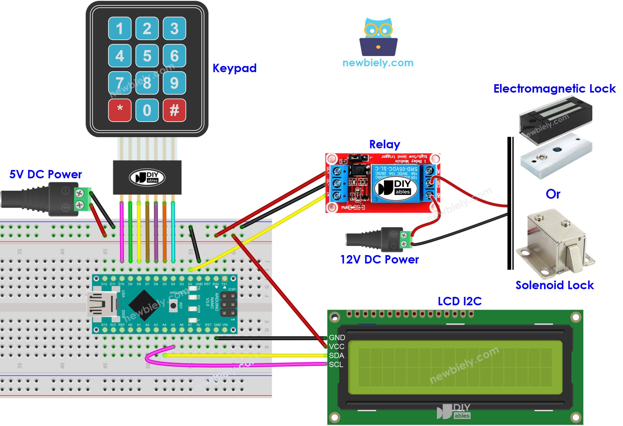 Schéma de câblage du système de verrouillage de porte Arduino Nano avec écran LCD et alimentation externe