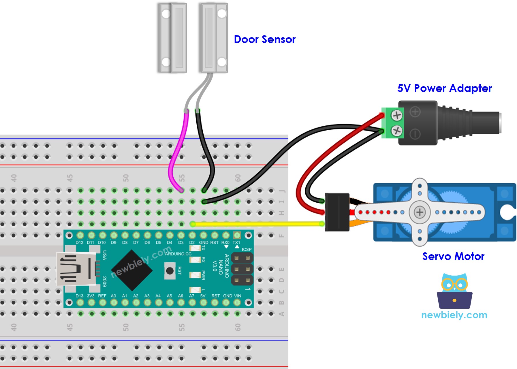 Schéma de câblage de l'alimentation externe du moteur servo du capteur de porte Arduino Nano