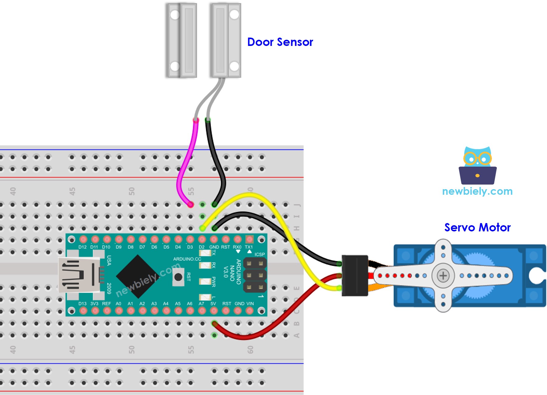 Schéma de câblage du servo moteur du capteur de porte Arduino Nano