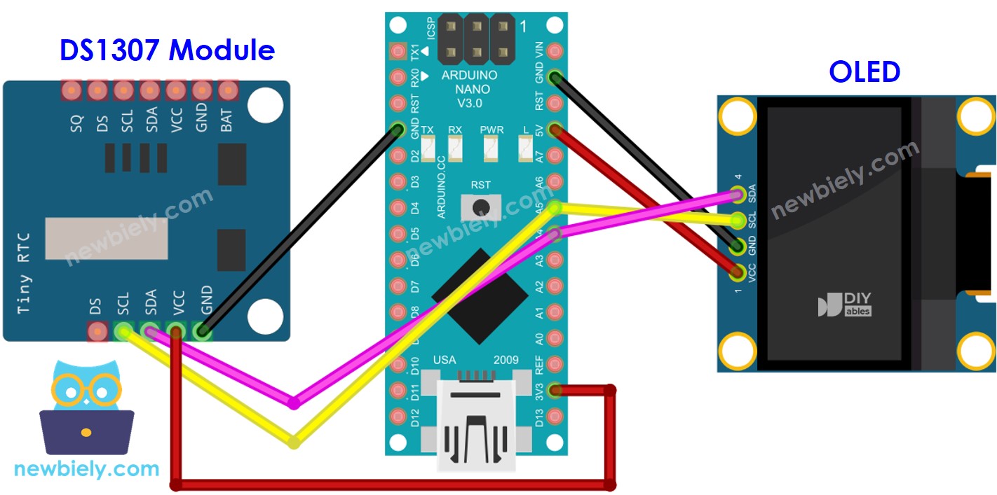 Schéma de câblage Arduino Nano DS1307 OLED