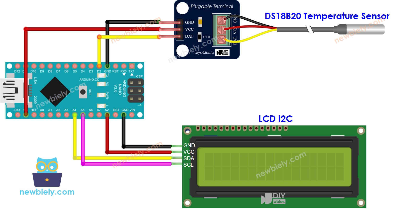 Schéma de câblage de l'écran LCD du capteur de température DS18B20 Arduino Nano