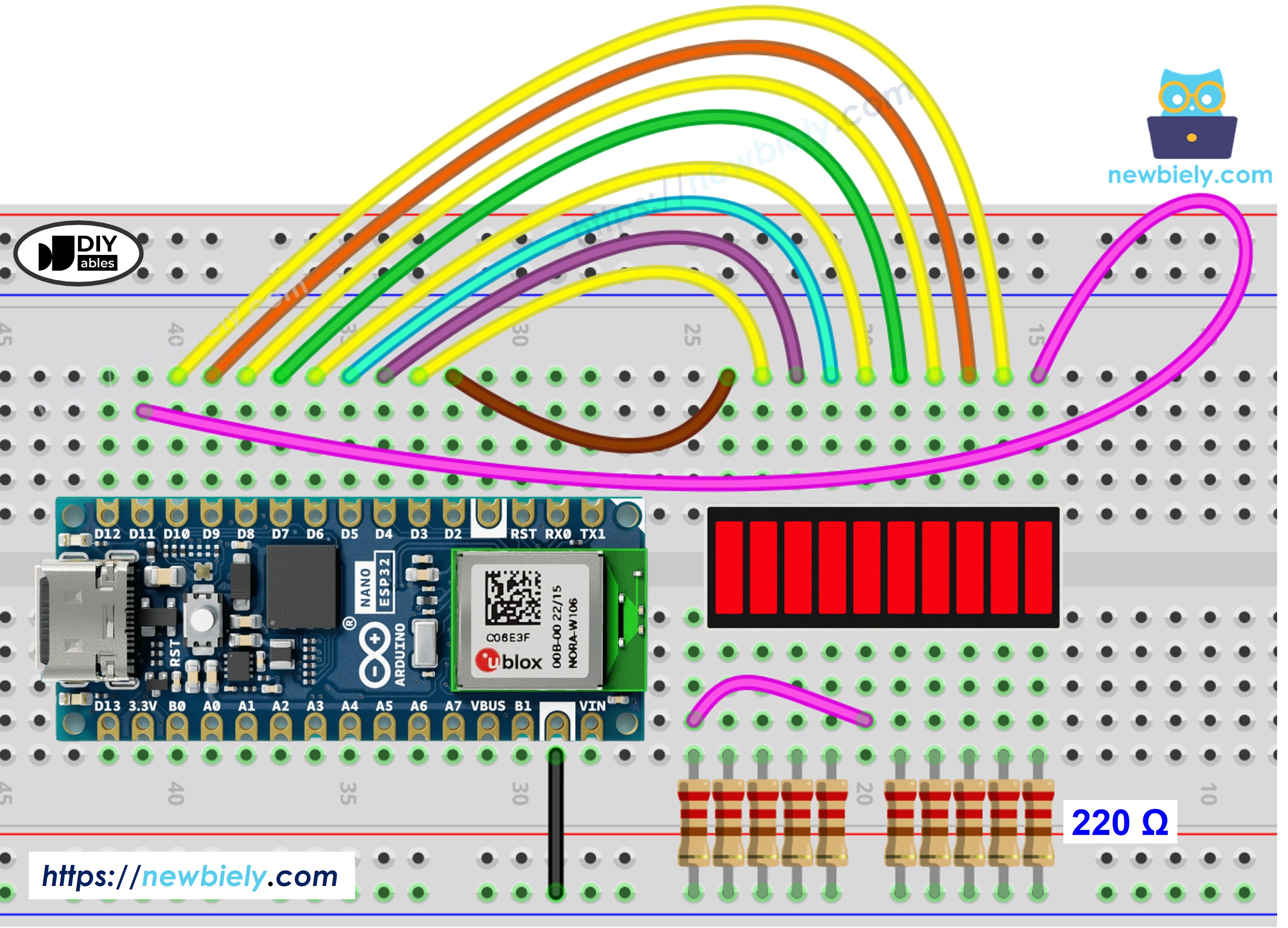 Schéma de câblage du bargraphe LED à 10 segments et de l'Arduino Nano ESP32