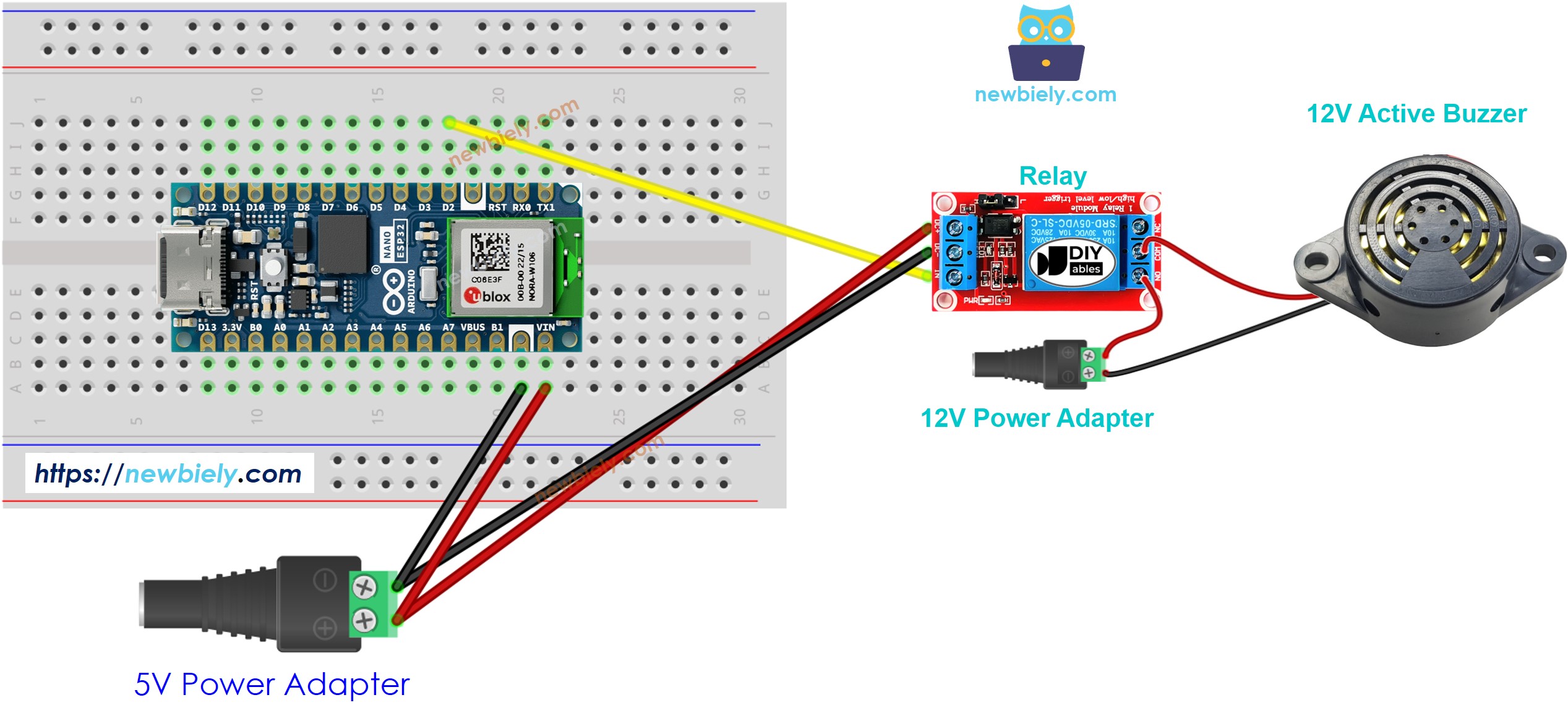 Schéma de câblage de l'Arduino Nano ESP32 avec buzzer actif 12V