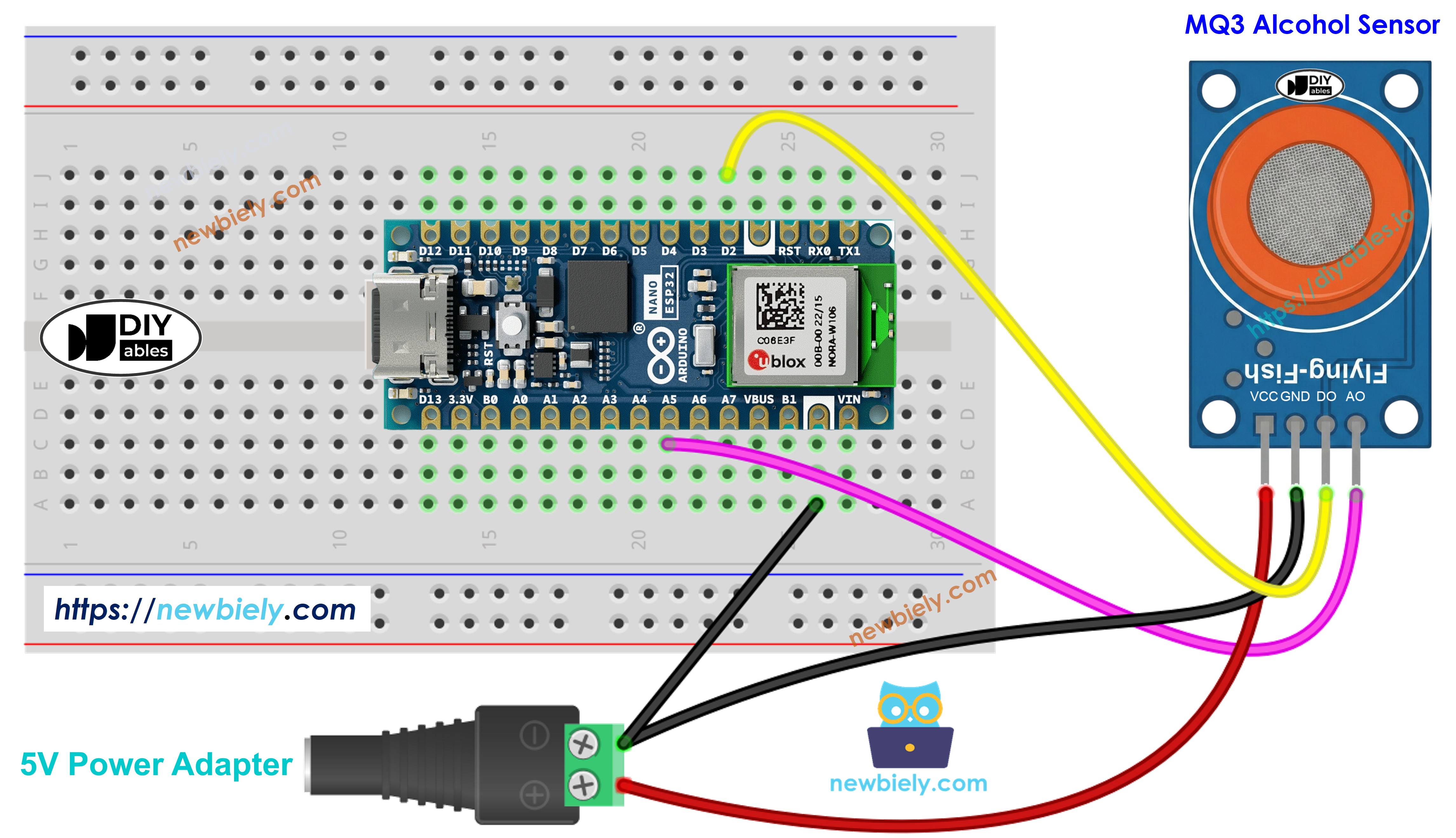 Schéma de câblage du détecteur d'alcool Arduino Nano ESP32