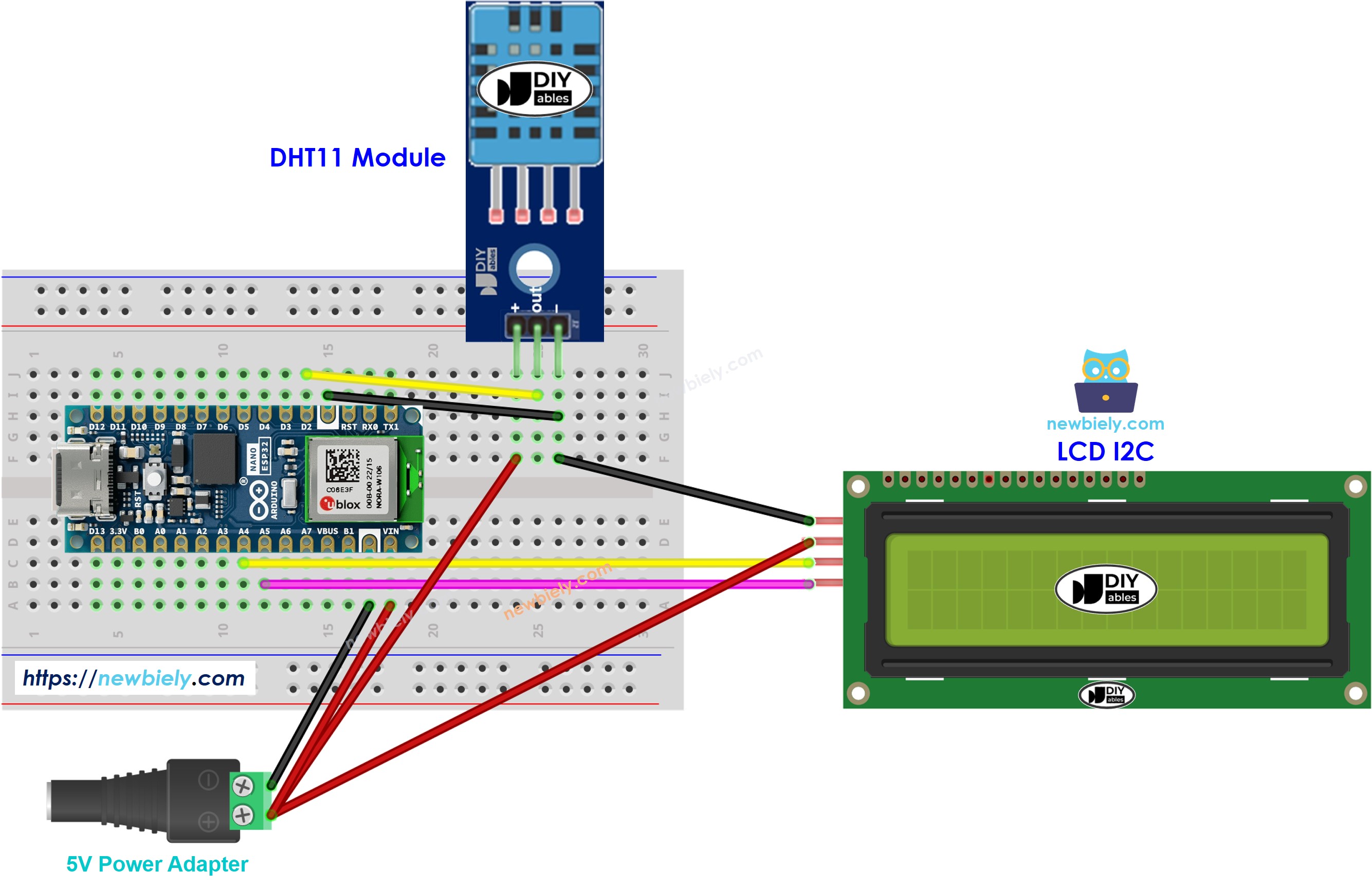 Schéma de câblage Arduino Nano ESP32 module DHT11 LCD