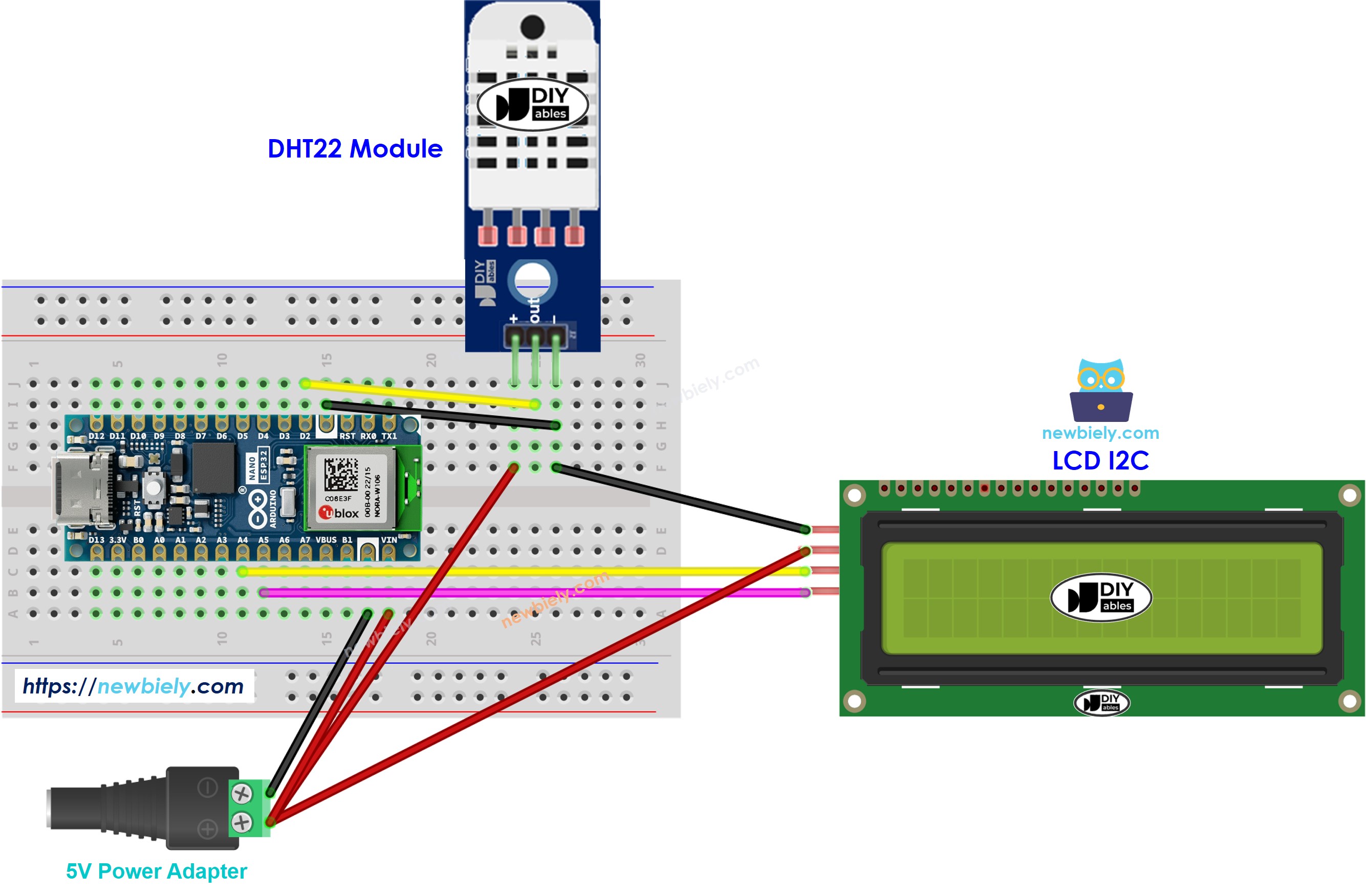 Schéma de câblage Arduino Nano ESP32 module DHT22 LCD