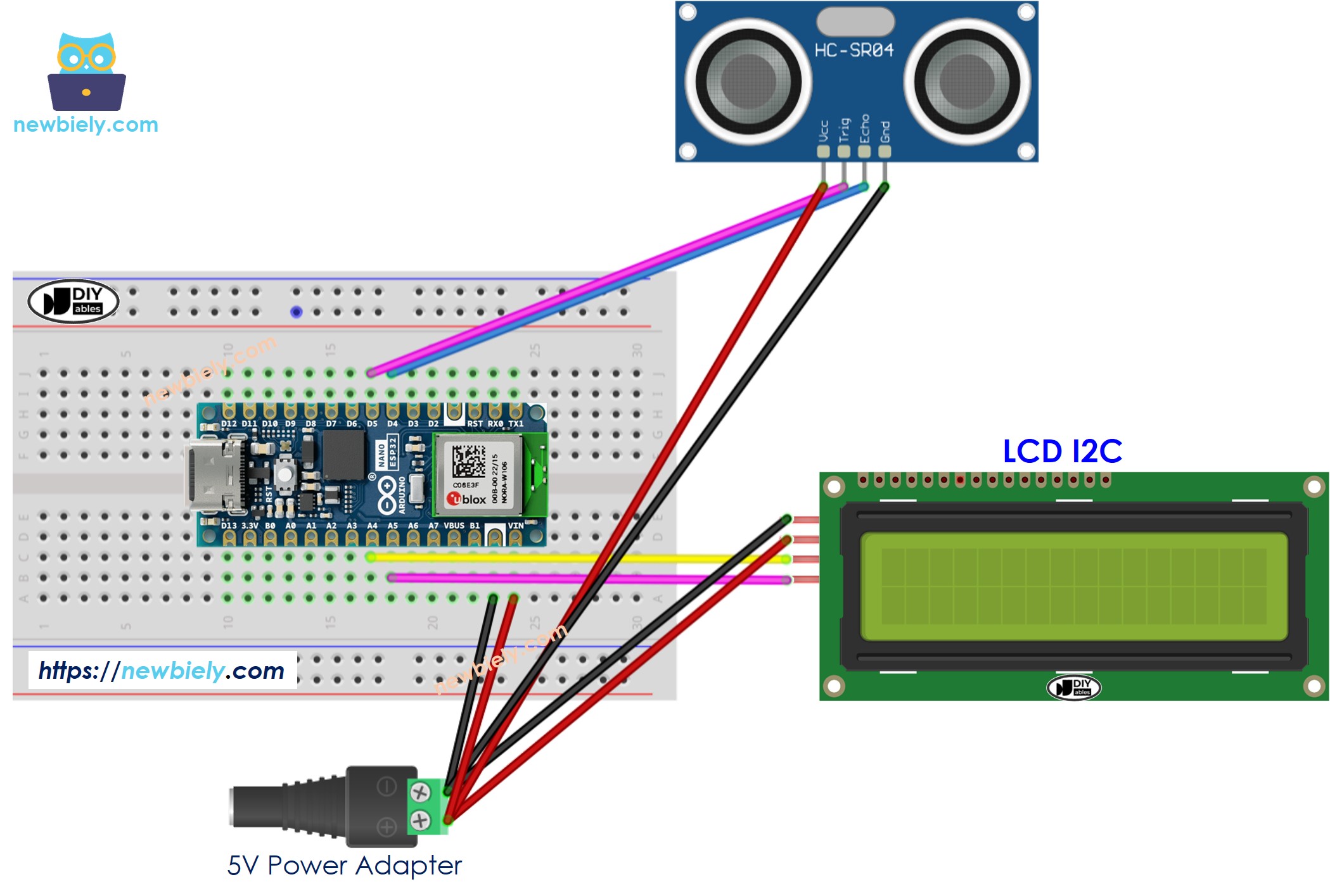 Schéma de câblage Arduino Nano ESP32 Capteur ultrasonique LCD