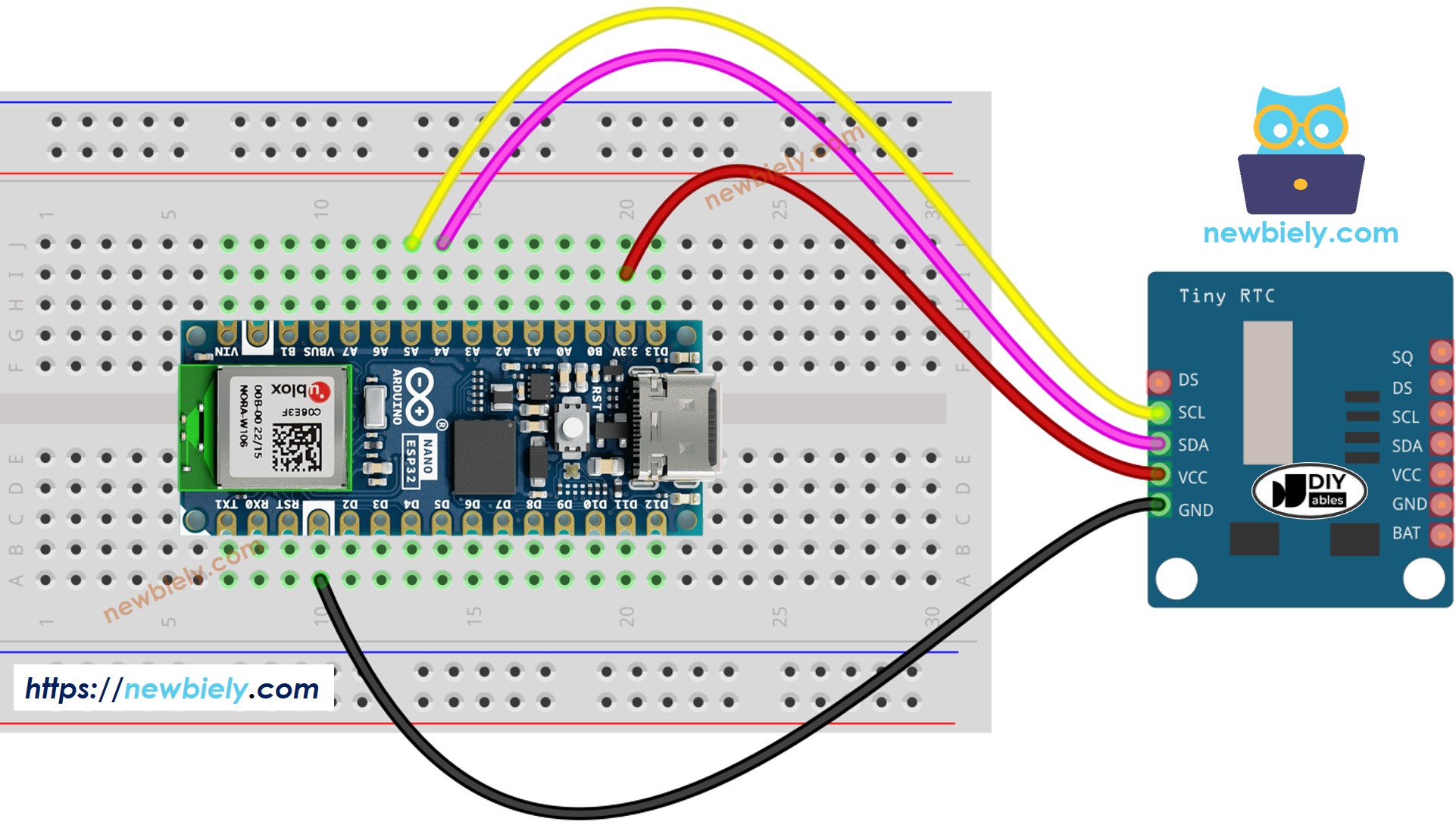 Schéma de câblage de l'horloge temps réel DS1307 pour Arduino Nano ESP32