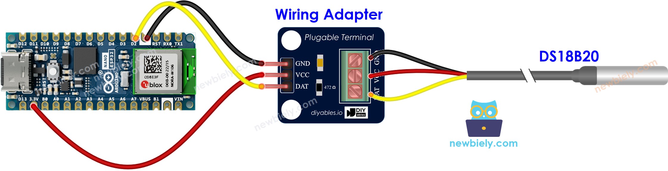 Schéma de câblage du capteur de température DS18B20 avec serveur Web Arduino Nano ESP32