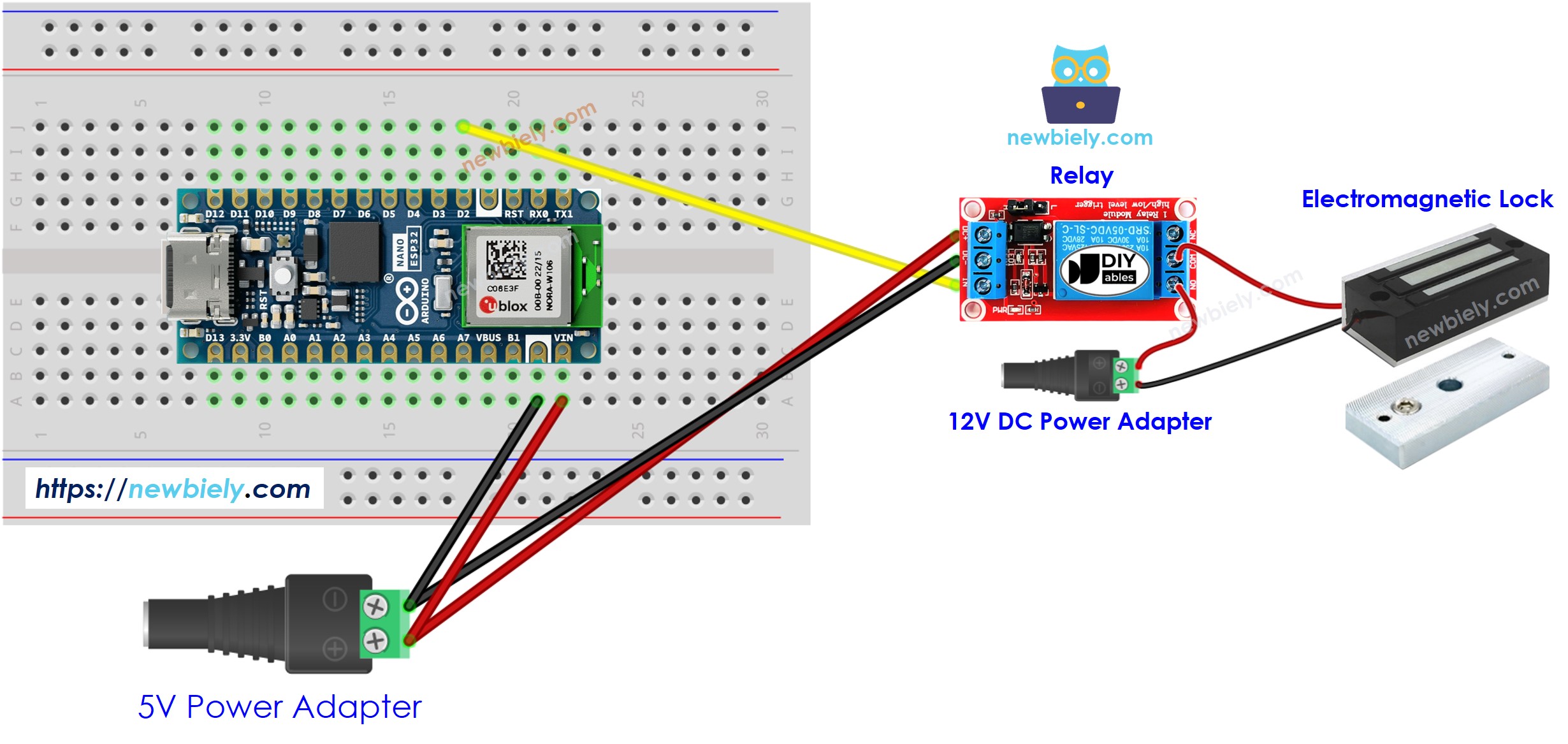 Schéma de câblage du verrou électromagnétique Arduino Nano ESP32