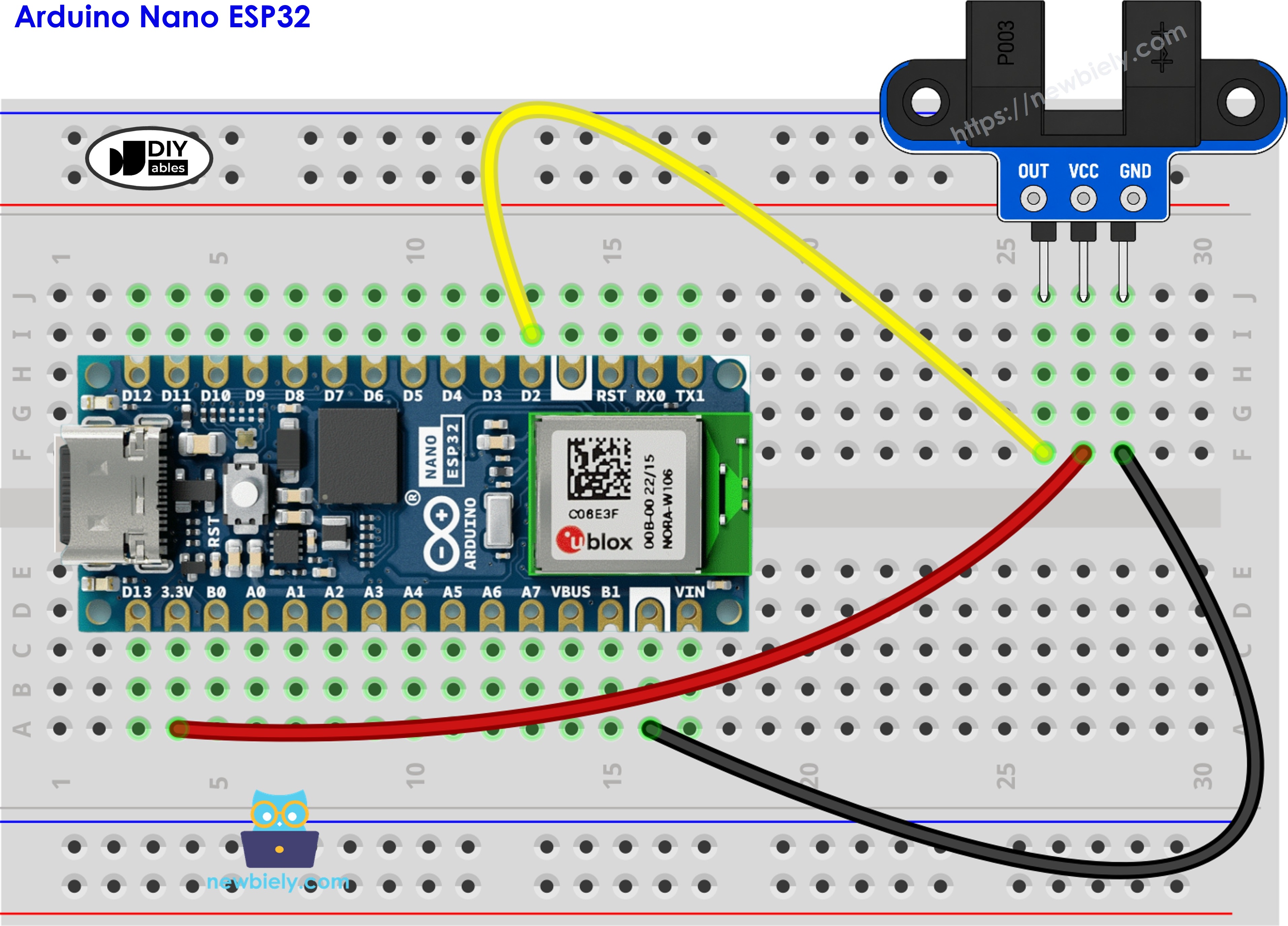Diagramme de câblage de l'Arduino Nano ESP32 avec le capteur de vitesse optique à fente IR