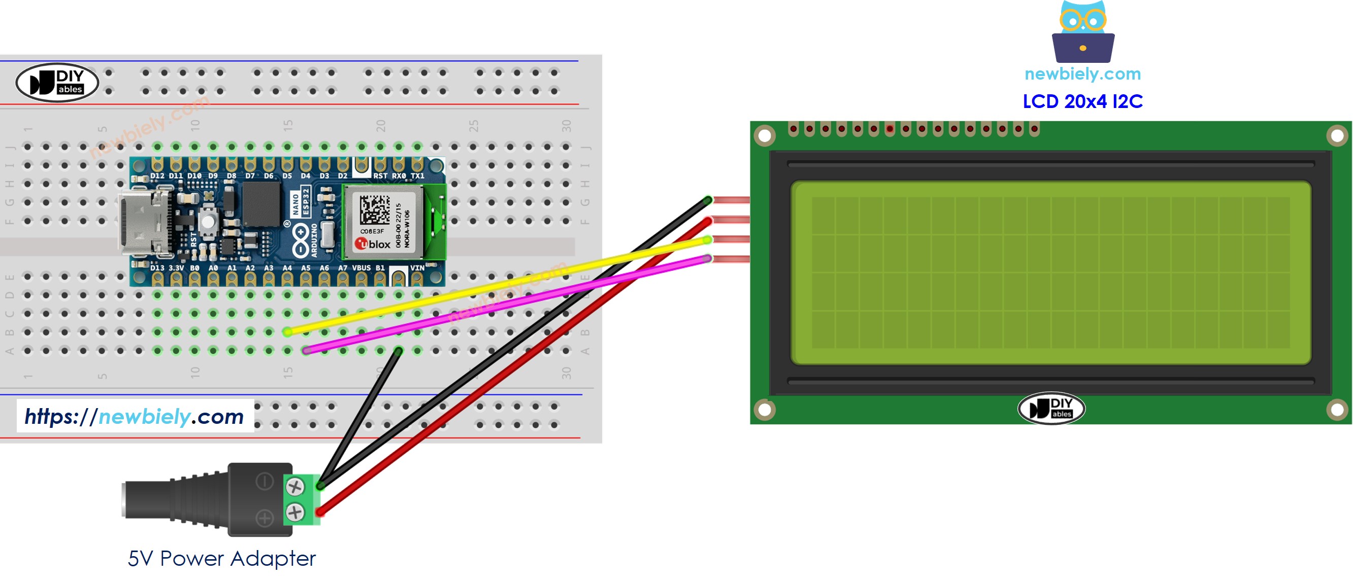 Schéma de câblage Arduino Nano ESP32 LCD 20x4 I2C