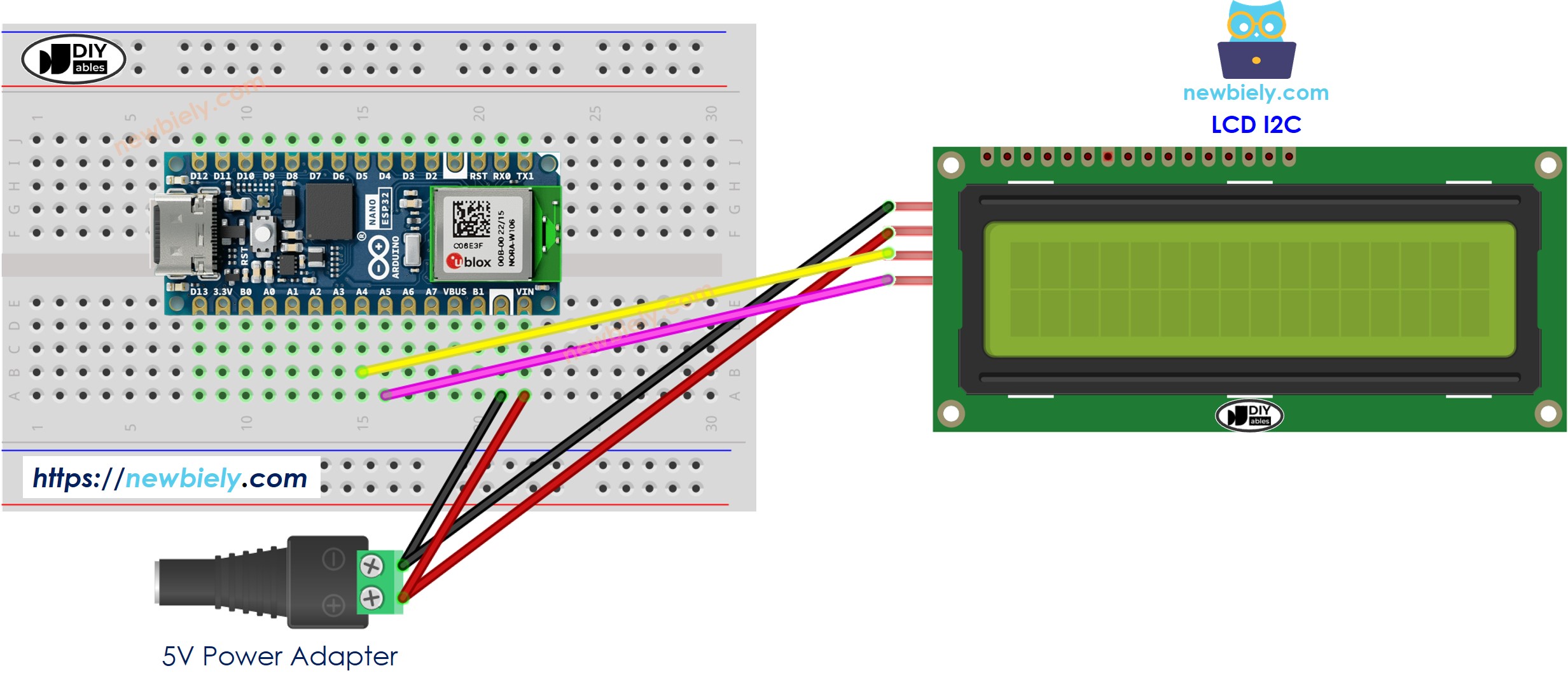 Schéma de câblage de la source d'alimentation 5V Arduino Nano ESP32 LCD I2C