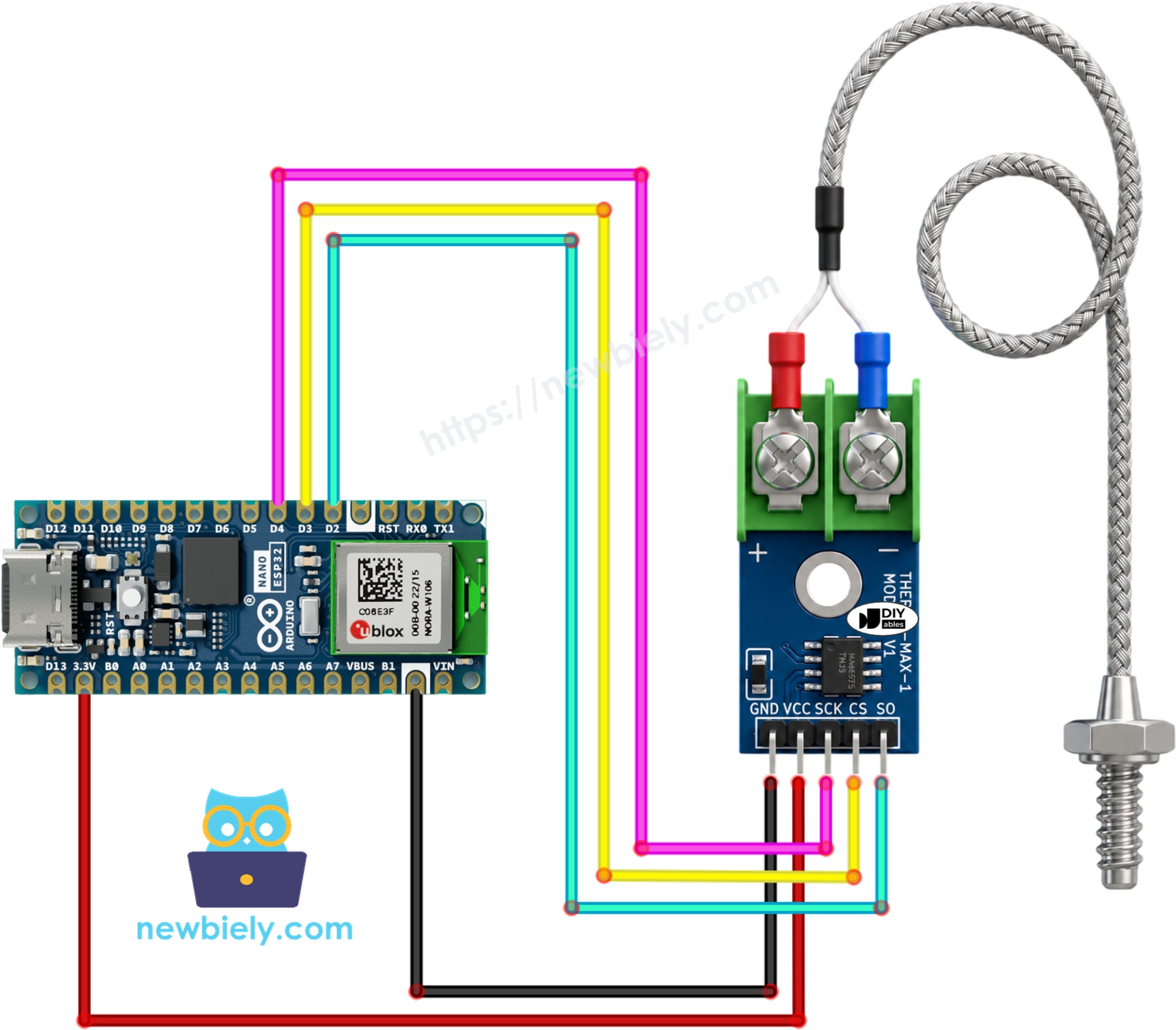 Schéma de câblage Arduino Nano ESP32 module thermocouple MAX6675