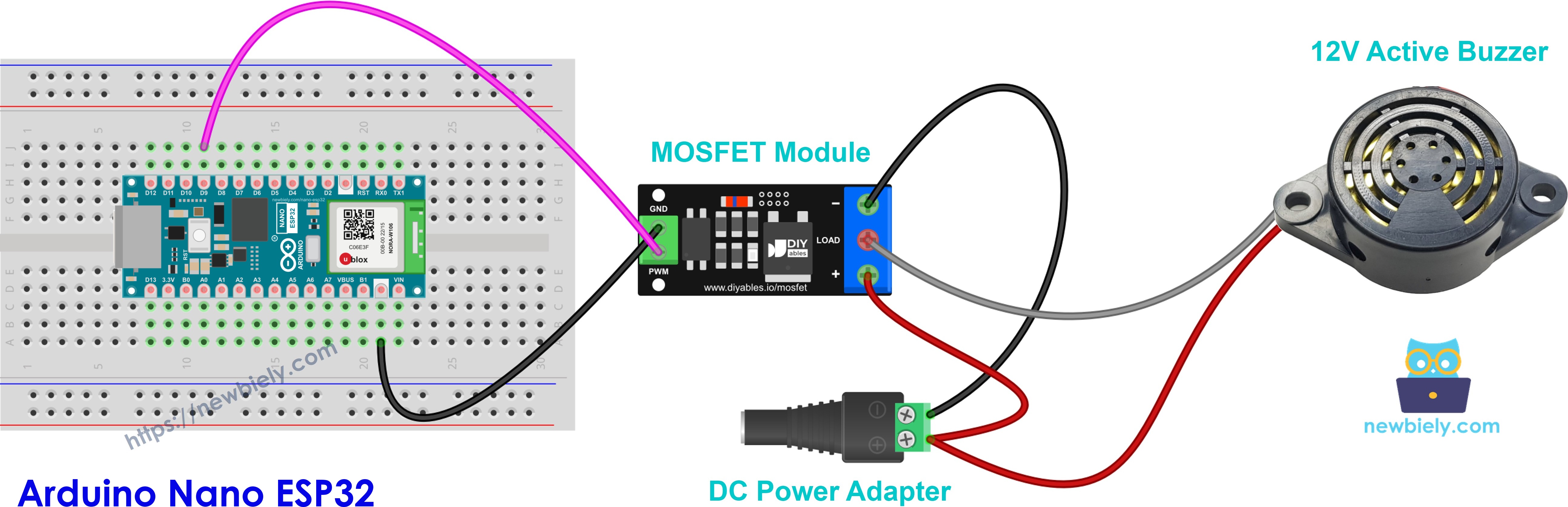Schéma de câblage du buzzer actif 12V avec un module MOSFET et Arduino Nano ESP32