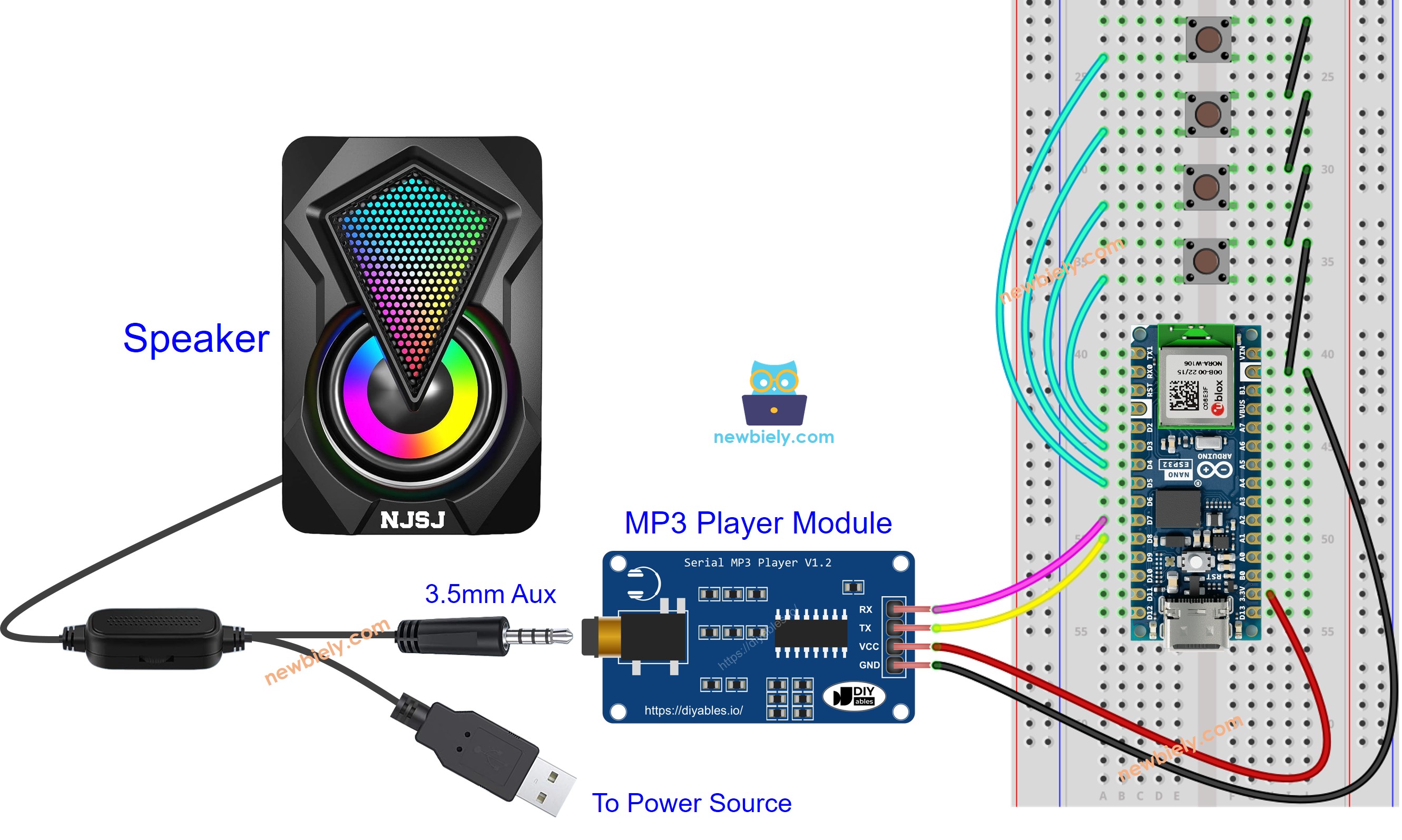 Schéma de câblage du haut-parleur lecteur MP3 Arduino Nano ESP32