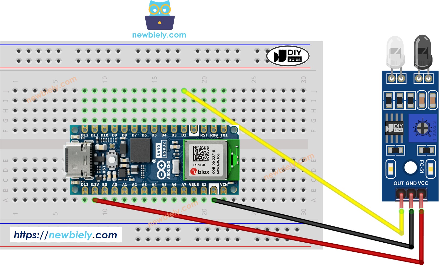 Schéma de câblage du capteur de détection d'obstacles IR Arduino Nano ESP32